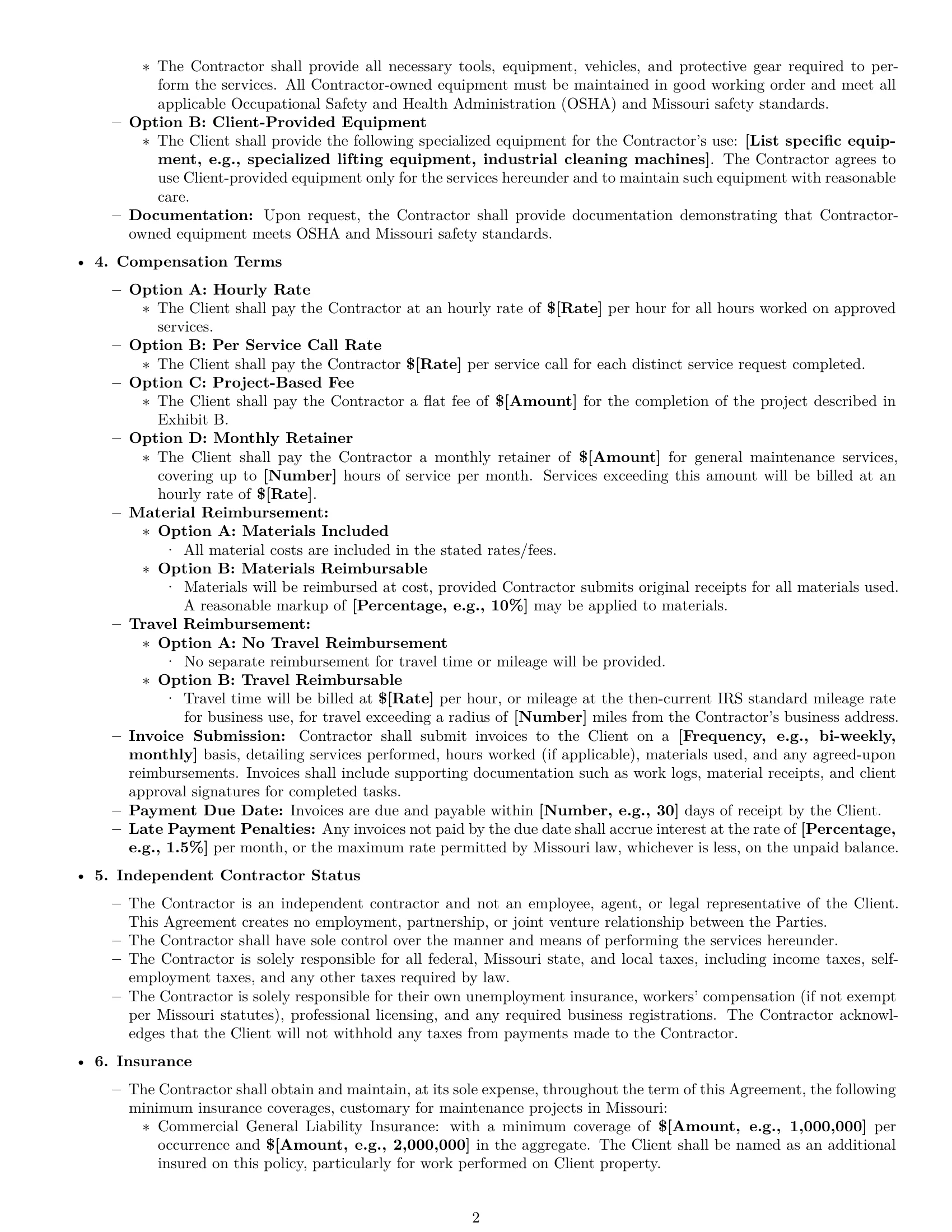 Preview page 2 of Pro Missouri maintenance independent contractor agreement template