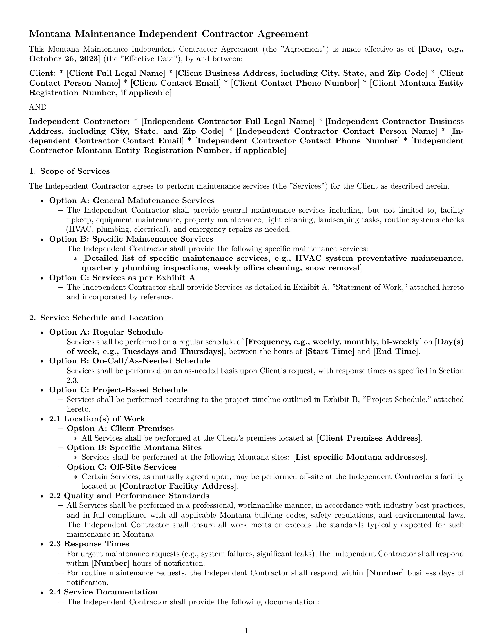 Preview page 1 of Pro Montana maintenance independent contractor agreement template