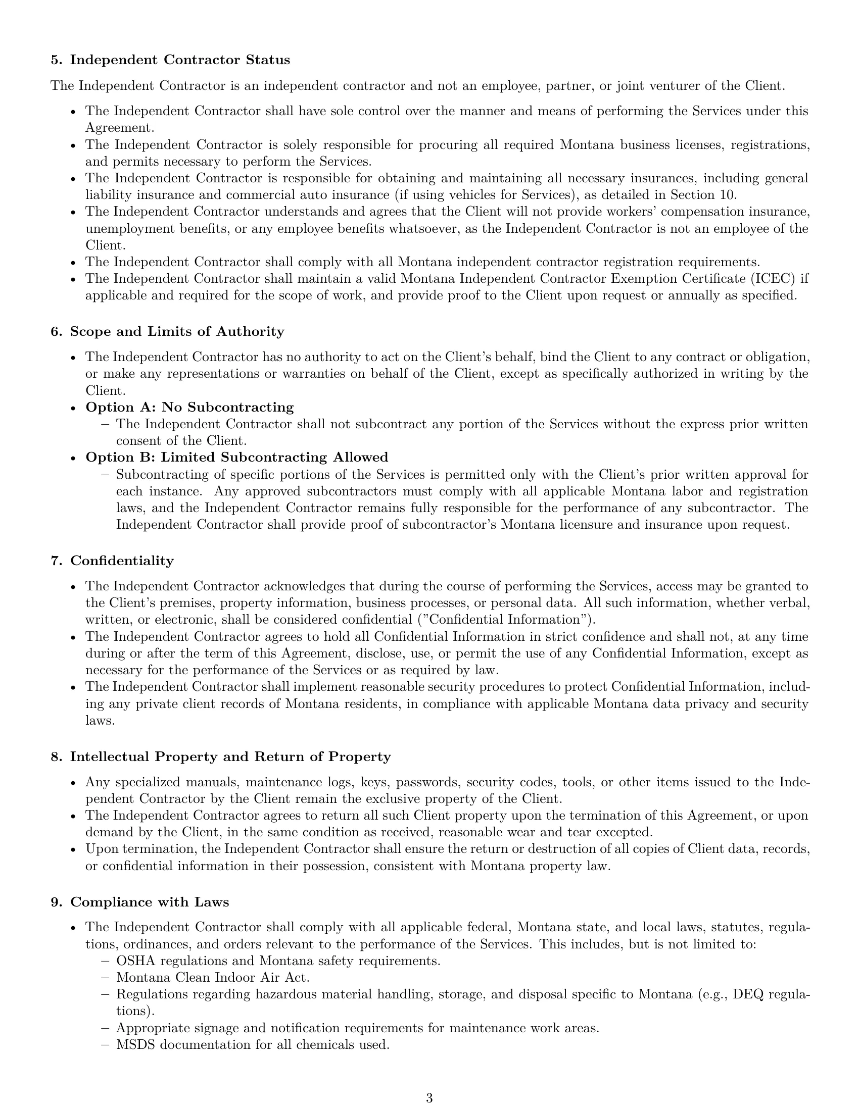 Preview page 3 of Pro Montana maintenance independent contractor agreement template