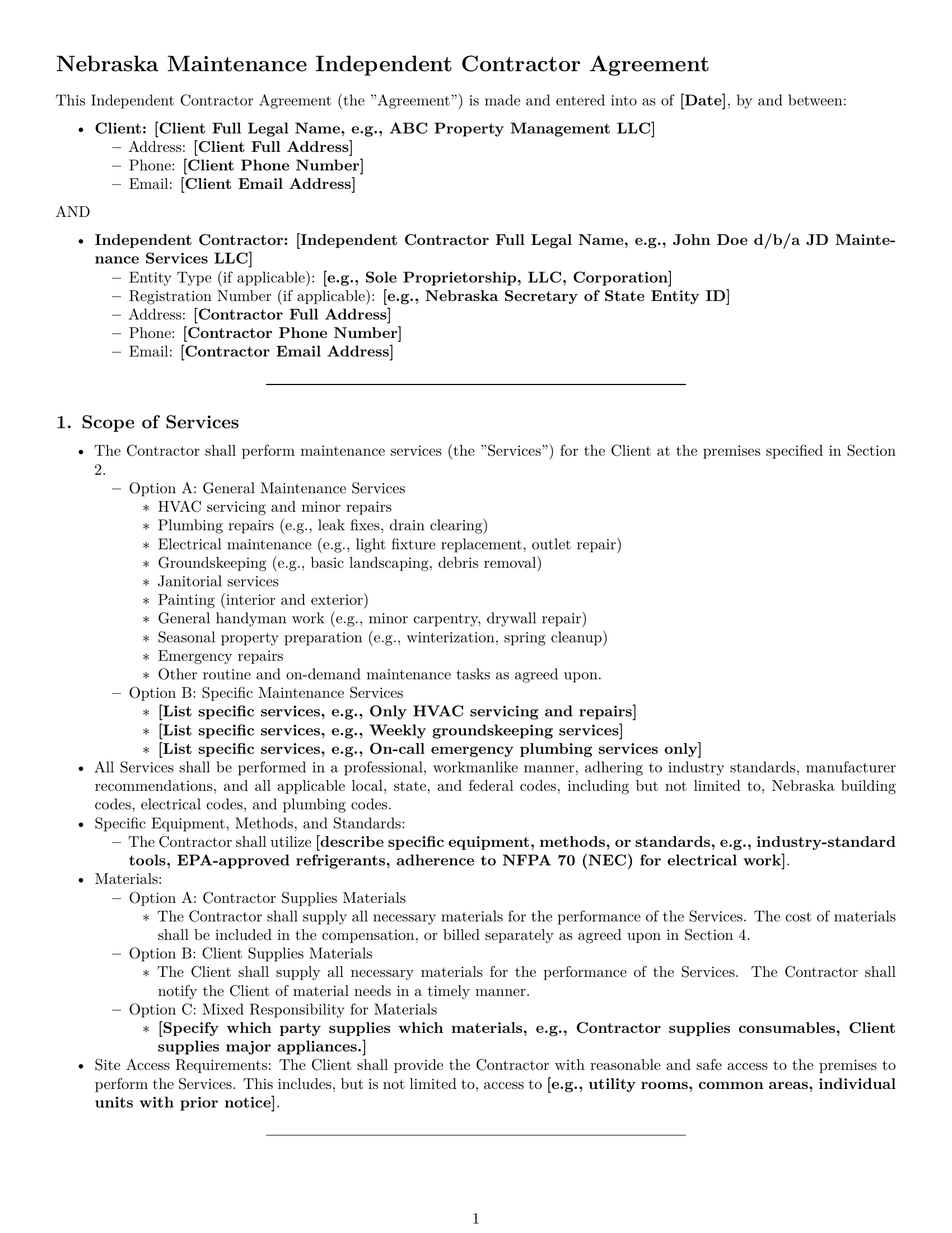Preview page 1 of Pro Nebraska maintenance independent contractor agreement template