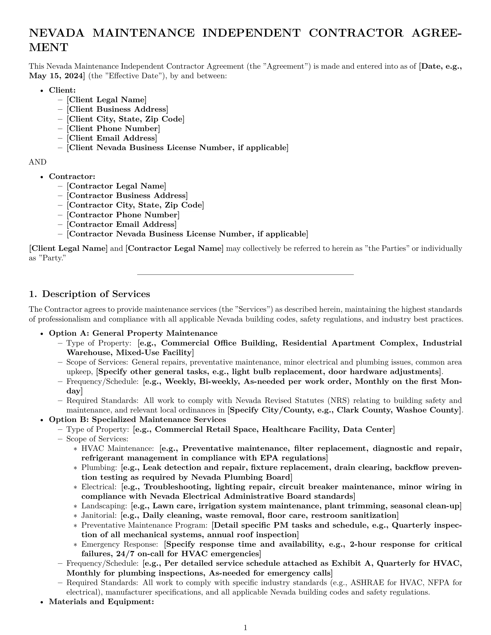 Preview page 1 of Pro Nevada maintenance independent contractor agreement template