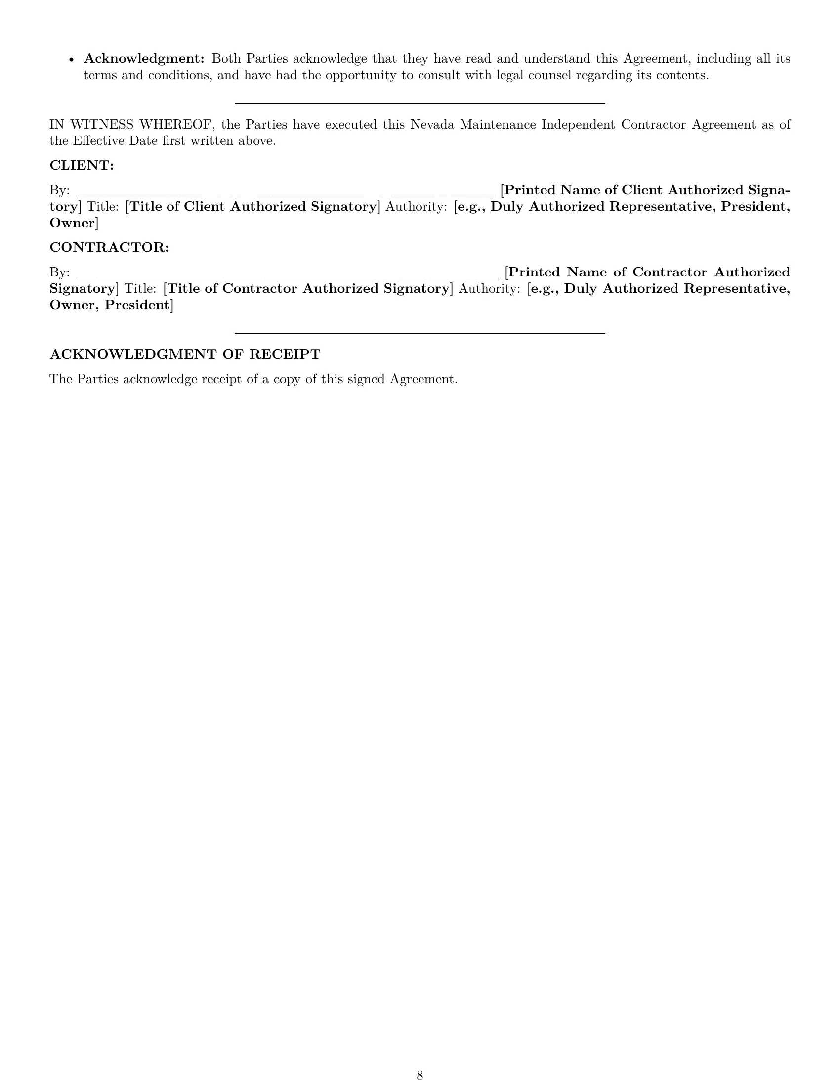 Preview page 8 of Pro Nevada maintenance independent contractor agreement template