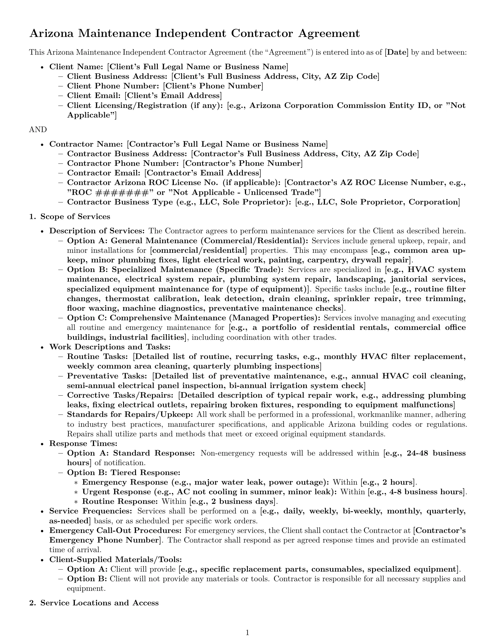 Preview page 1 of Pro Arizona maintenance independent contractor agreement template