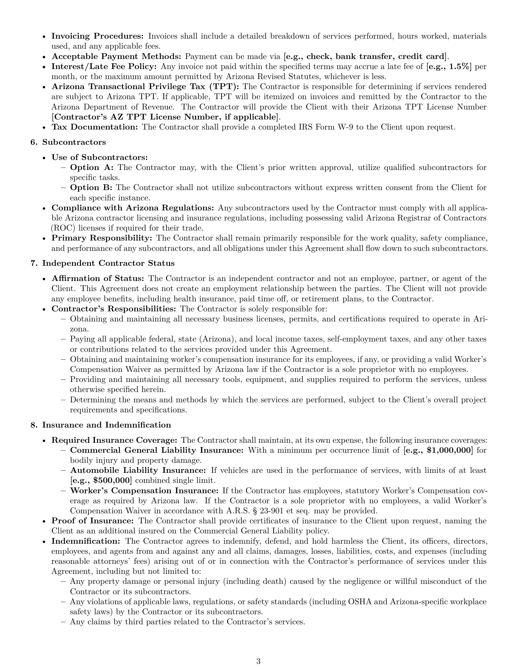 Preview page 3 of Pro Arizona maintenance independent contractor agreement template