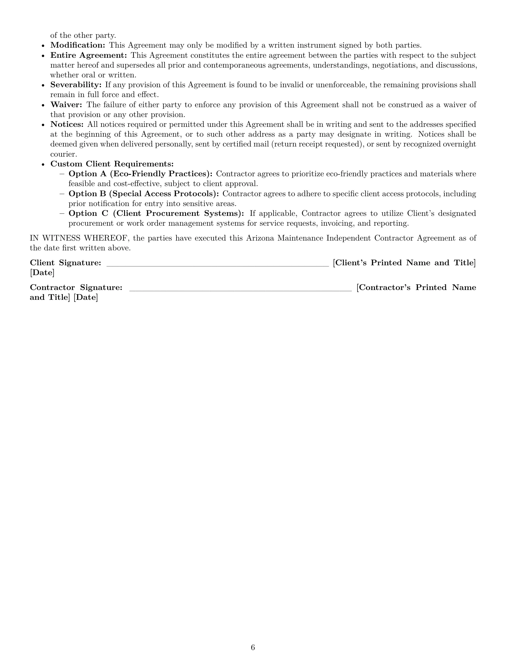 Preview page 6 of Pro Arizona maintenance independent contractor agreement template