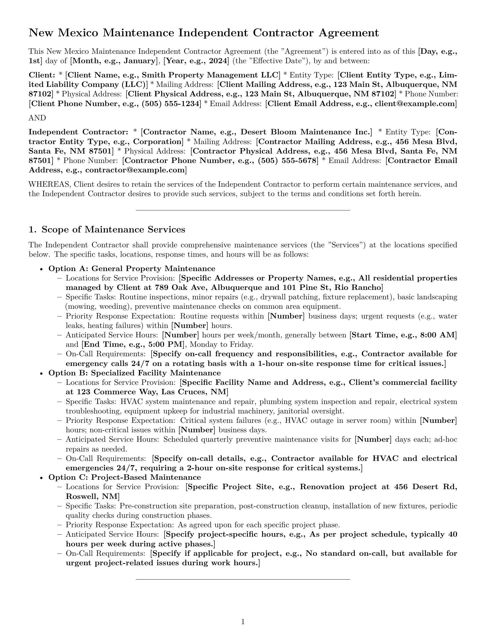 Preview page 1 of Pro New Mexico maintenance independent contractor agreement template