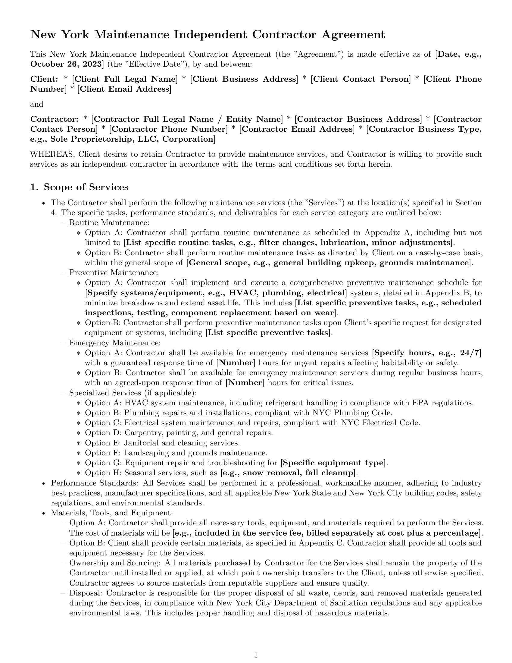 Preview page 1 of Pro New York maintenance independent contractor agreement template