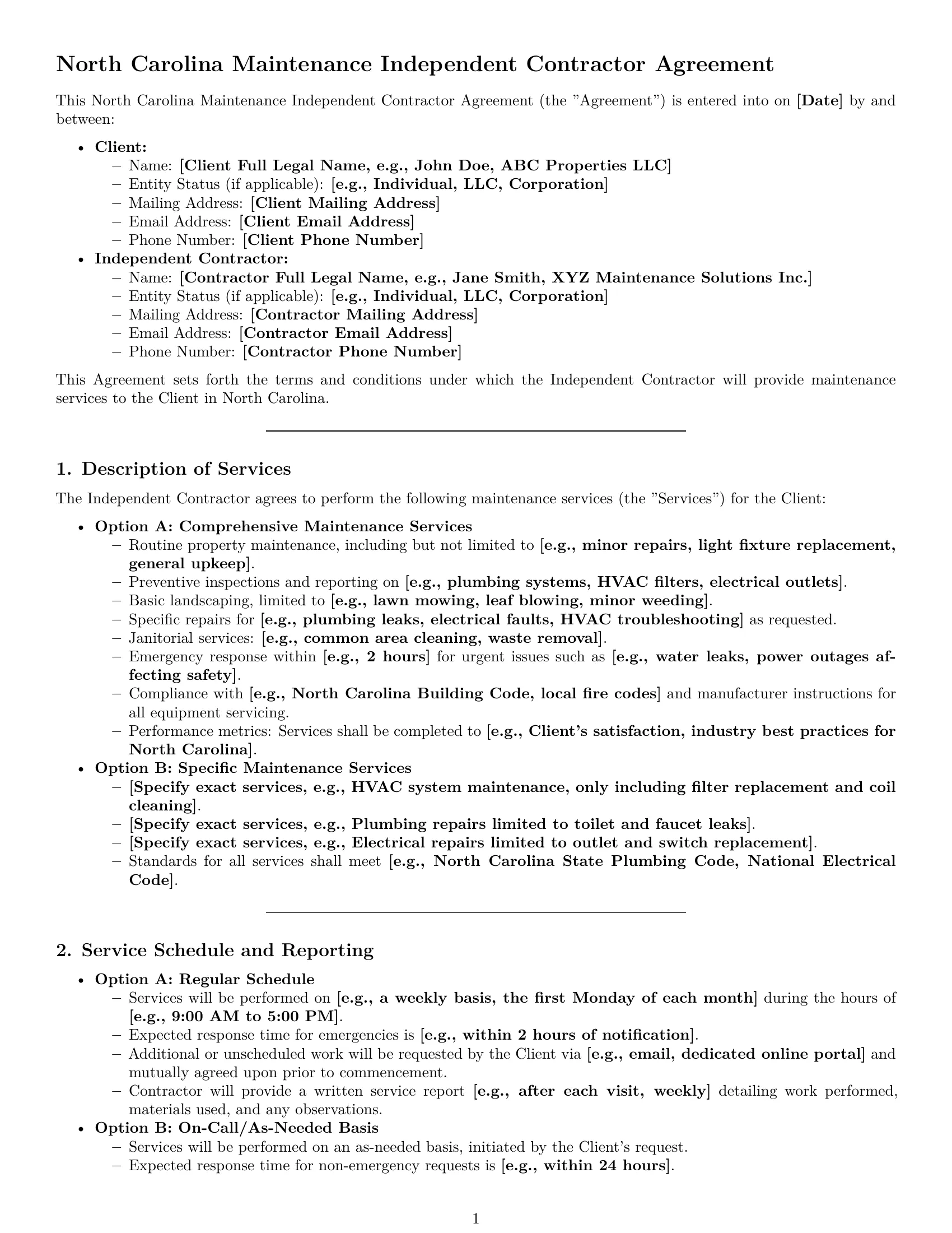 Preview page 1 of Pro North Carolina maintenance independent contractor agreement template