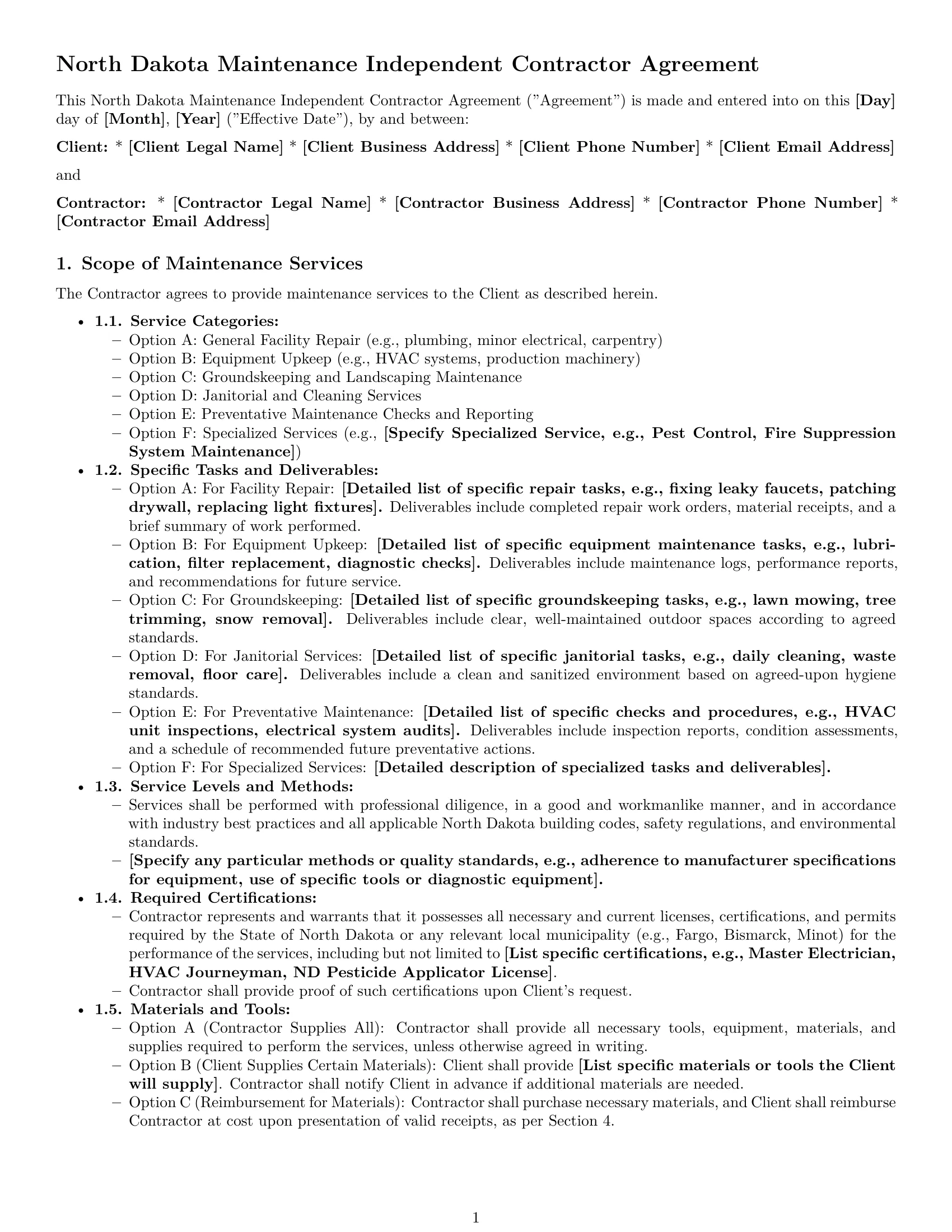 Preview page 1 of Pro North Dakota maintenance independent contractor agreement template