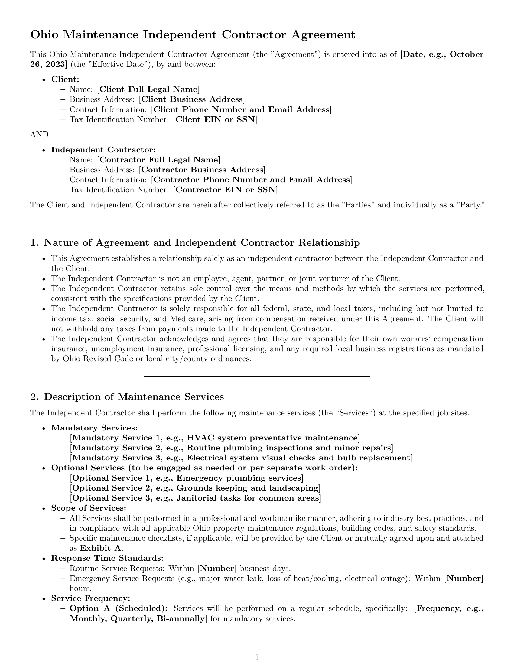 Preview page 1 of Pro Ohio maintenance independent contractor agreement template
