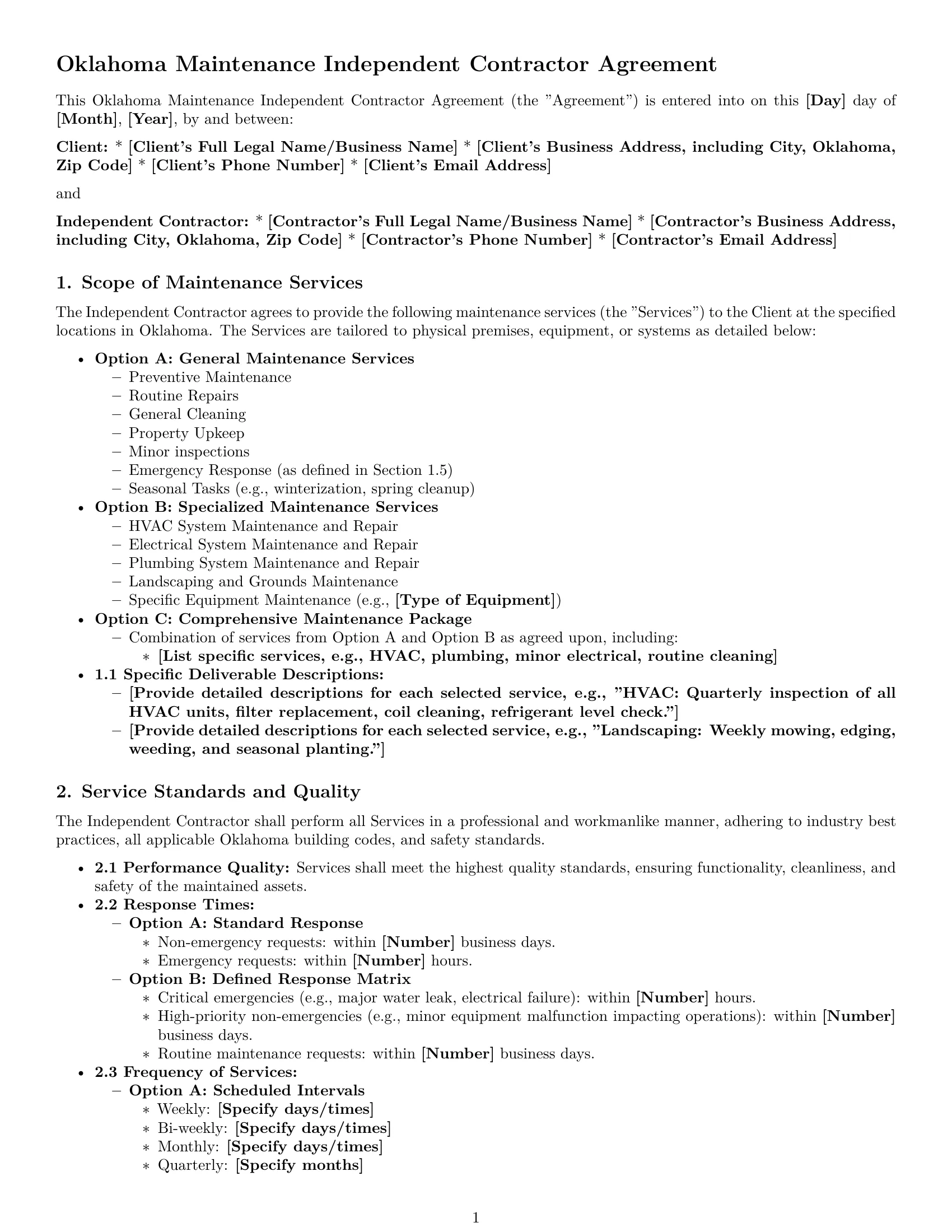 Preview page 1 of Pro Oklahoma maintenance independent contractor agreement template