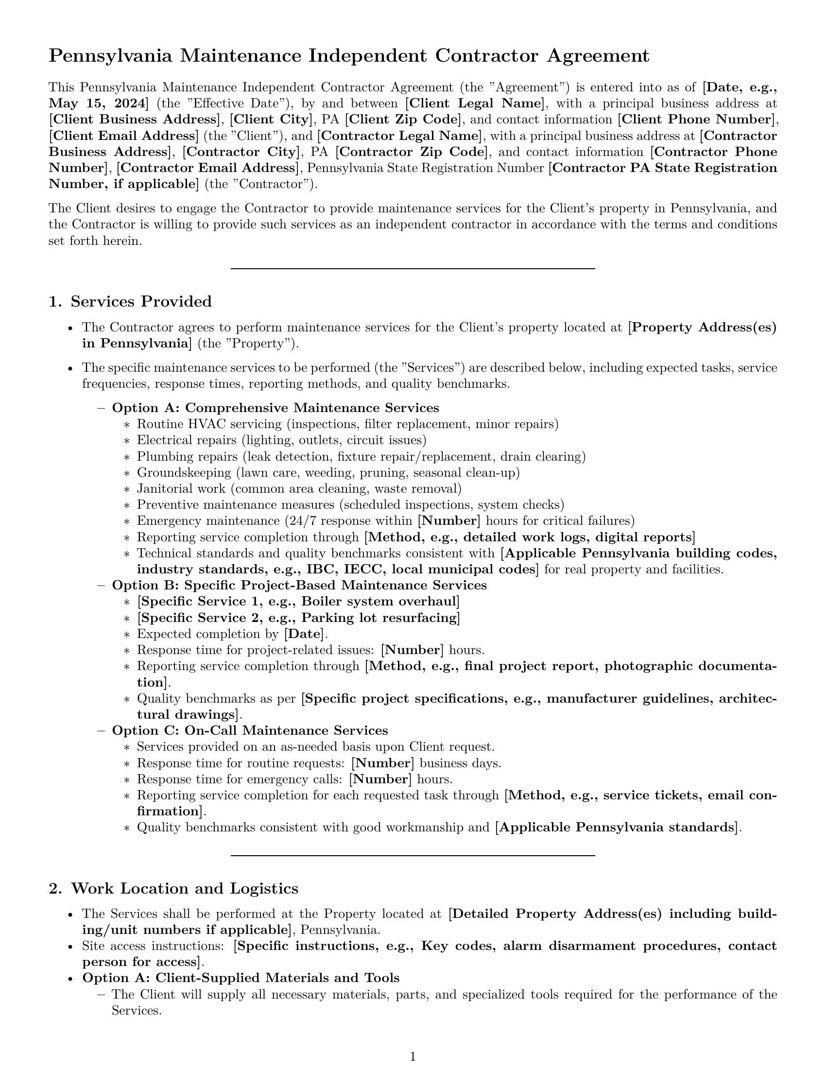 Preview page 1 of Pro Pennsylvania maintenance independent contractor agreement template