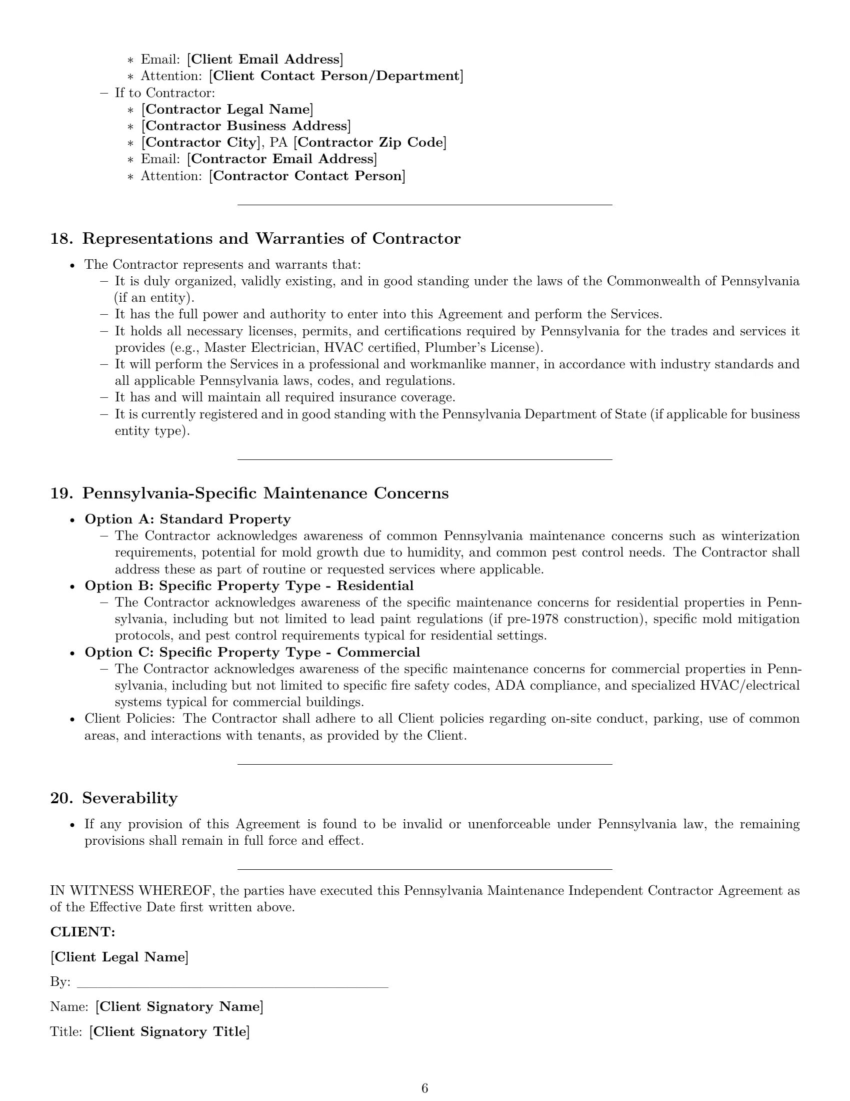 Preview page 6 of Pro Pennsylvania maintenance independent contractor agreement template