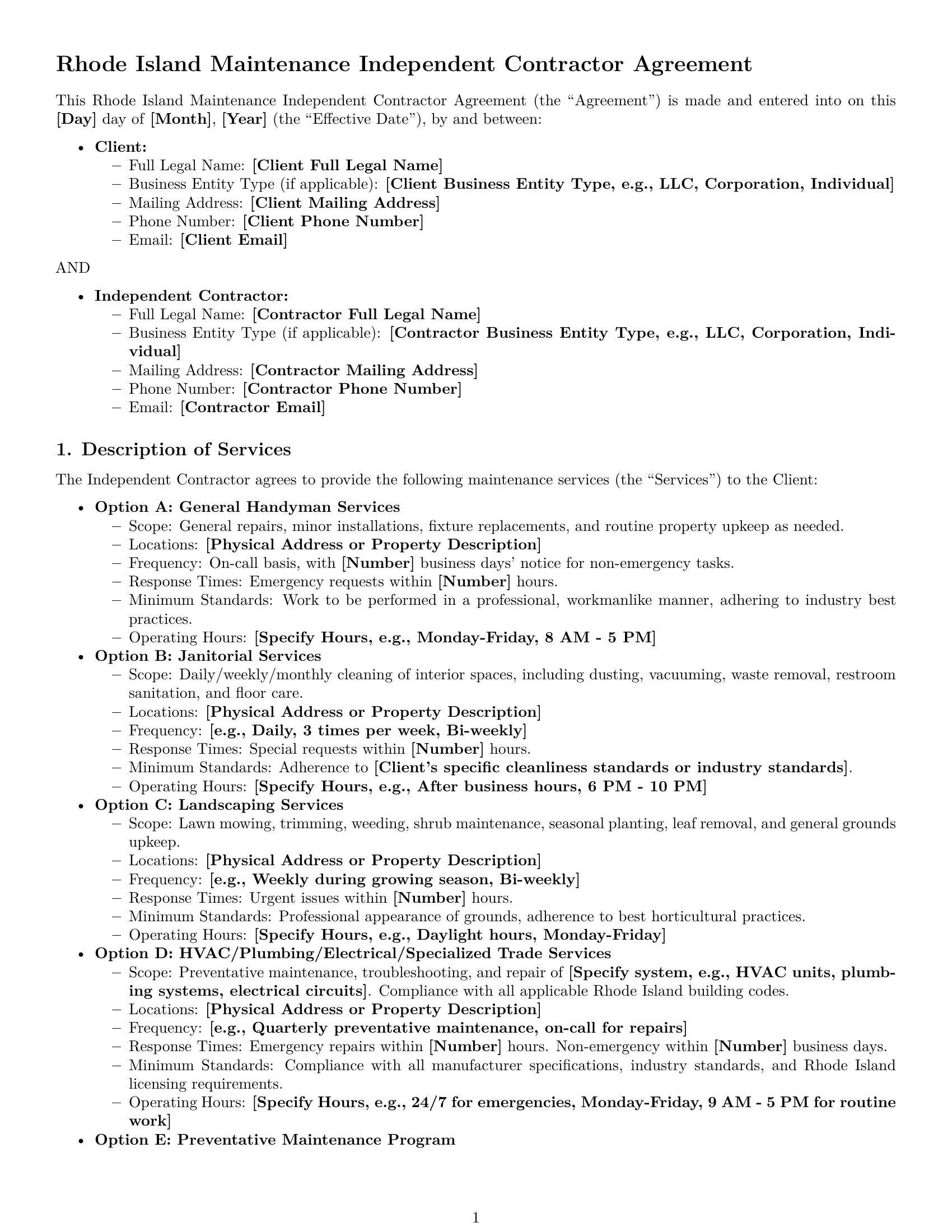 Preview page 1 of Pro Rhode Island maintenance independent contractor agreement template