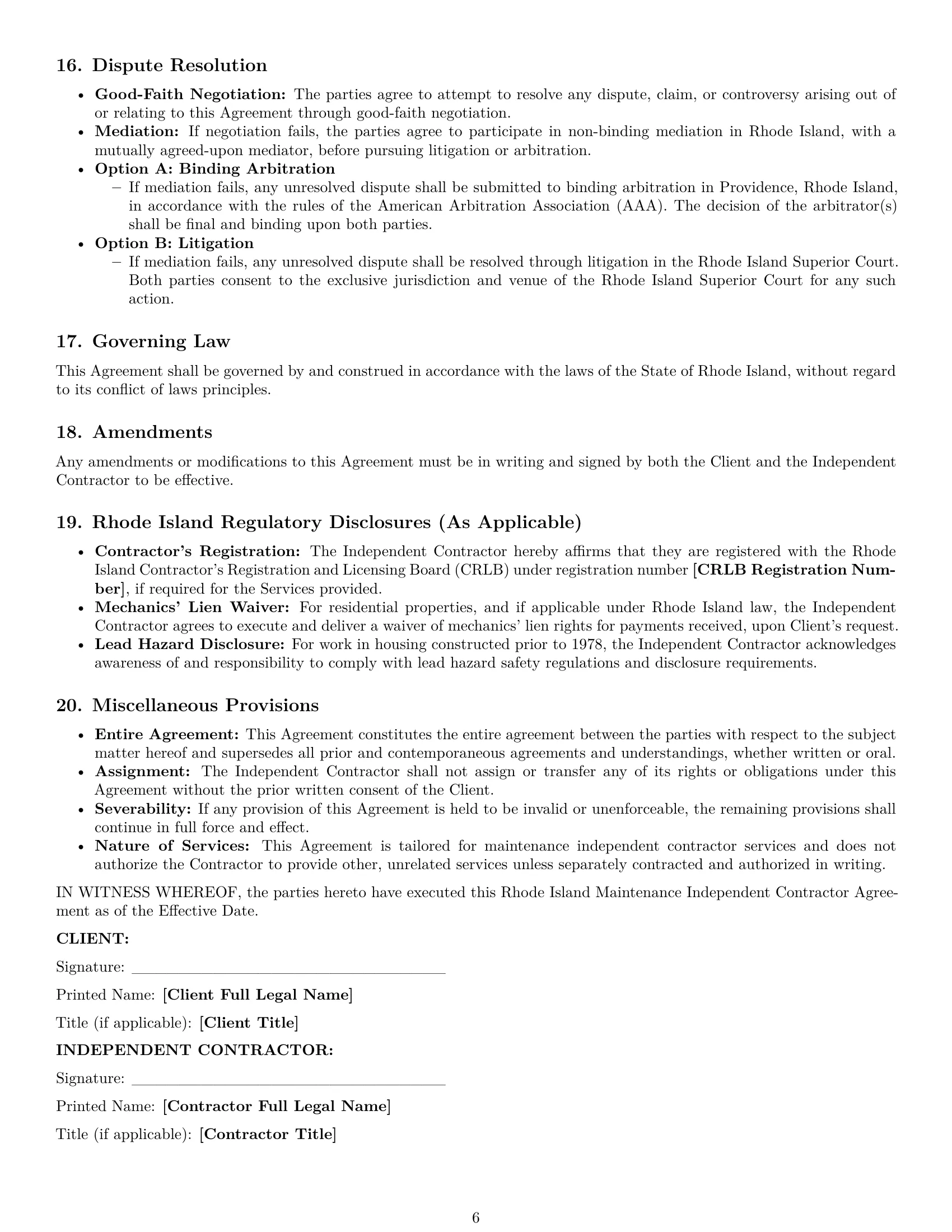 Preview page 6 of Pro Rhode Island maintenance independent contractor agreement template