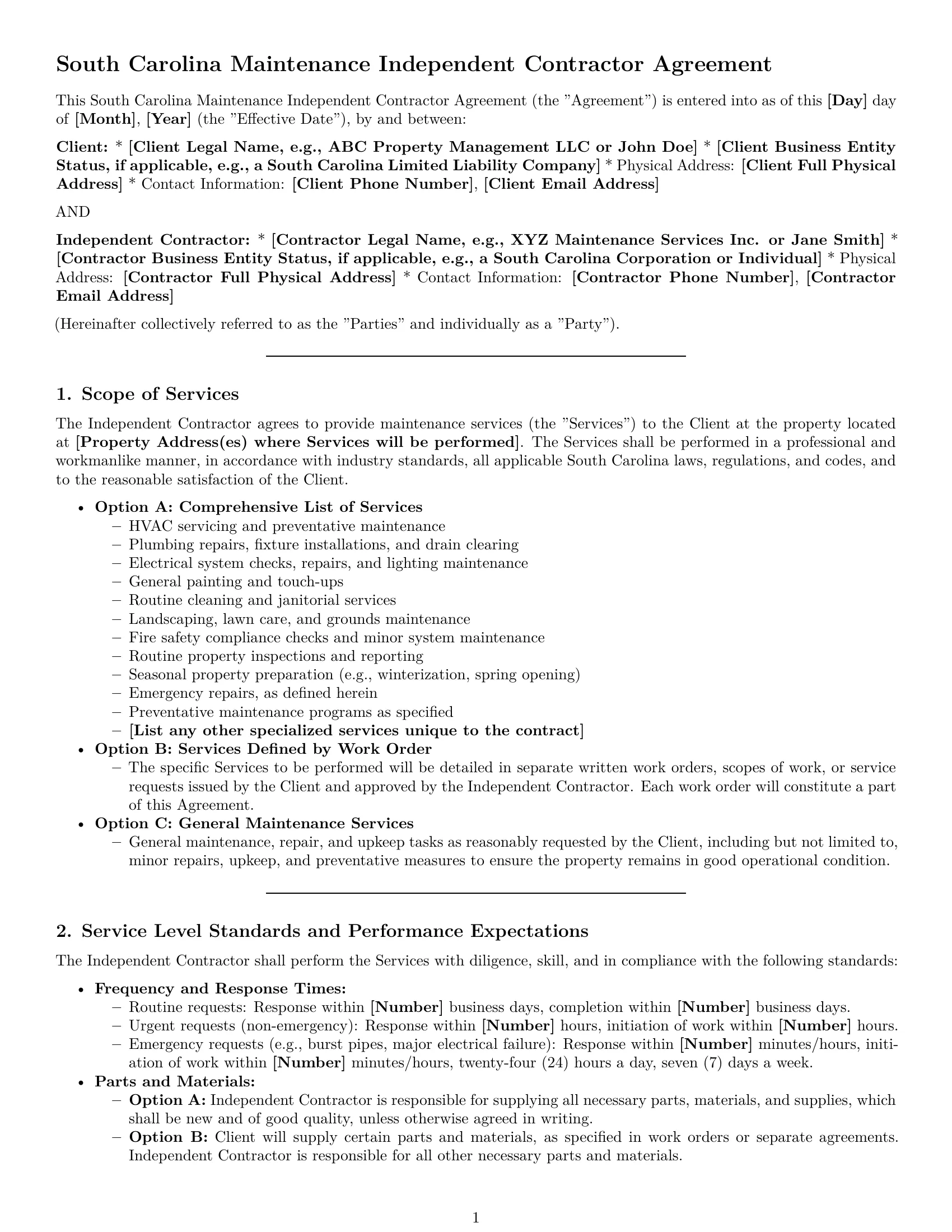 Preview page 1 of Pro South Carolina maintenance independent contractor agreement template