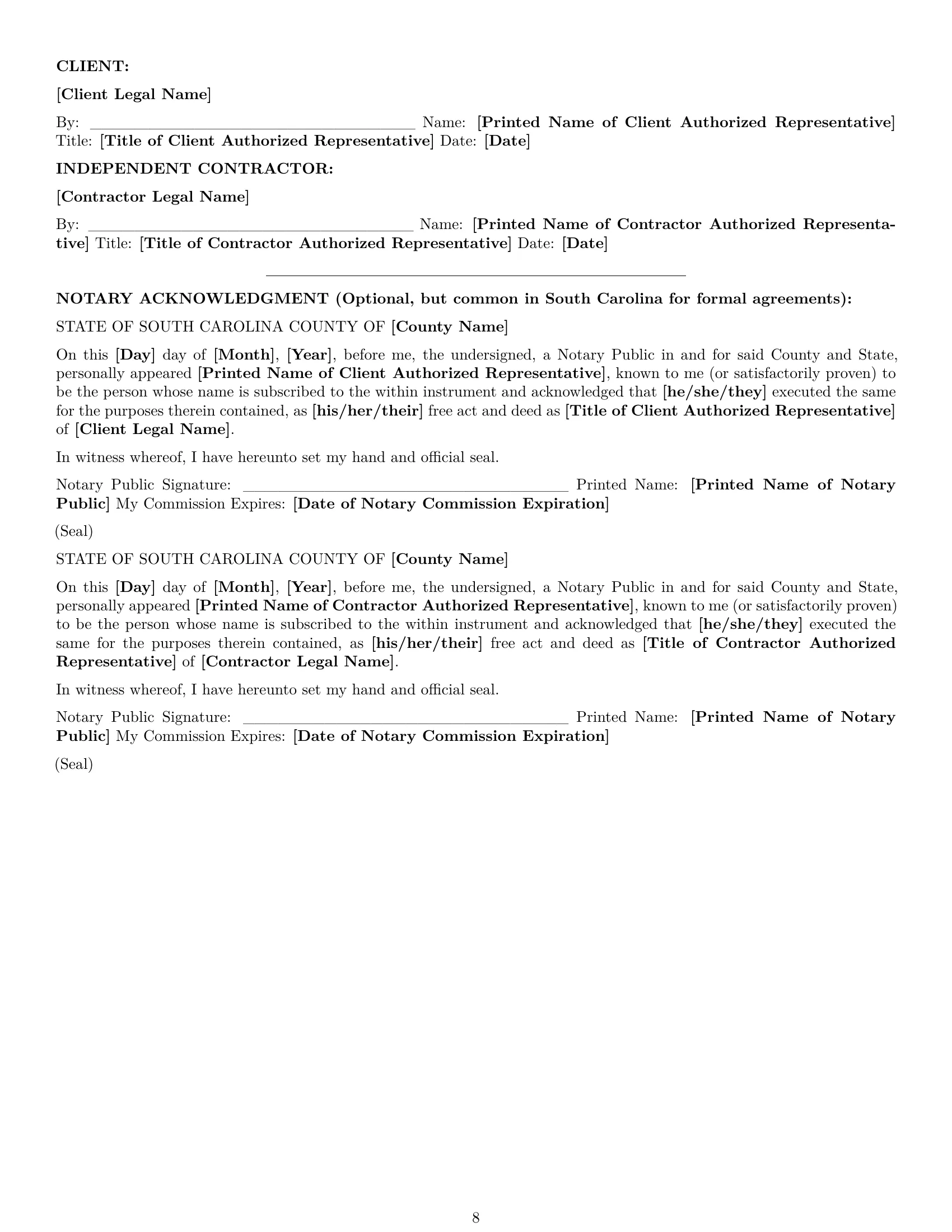 Preview page 8 of Pro South Carolina maintenance independent contractor agreement template