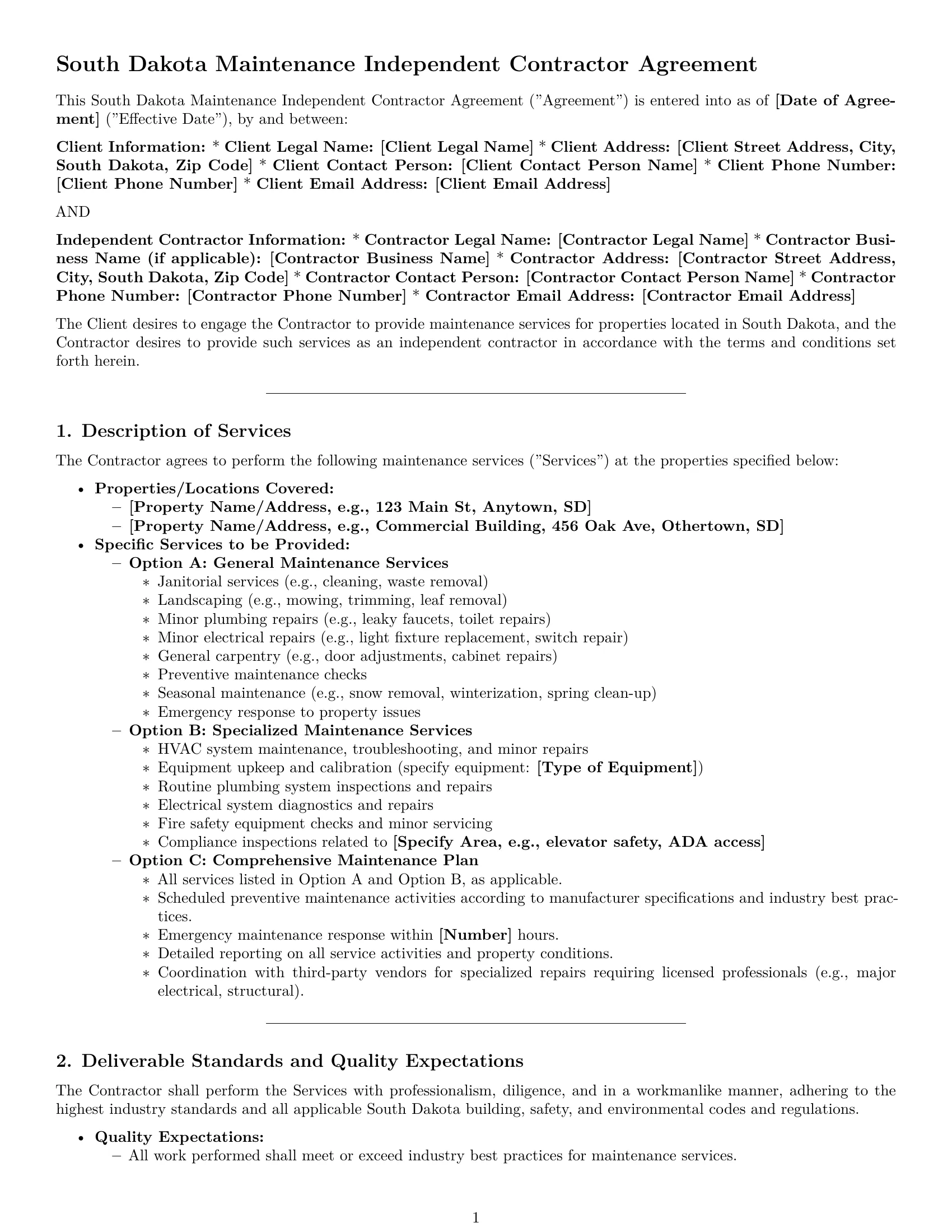 Preview page 1 of Pro South Dakota maintenance independent contractor agreement template
