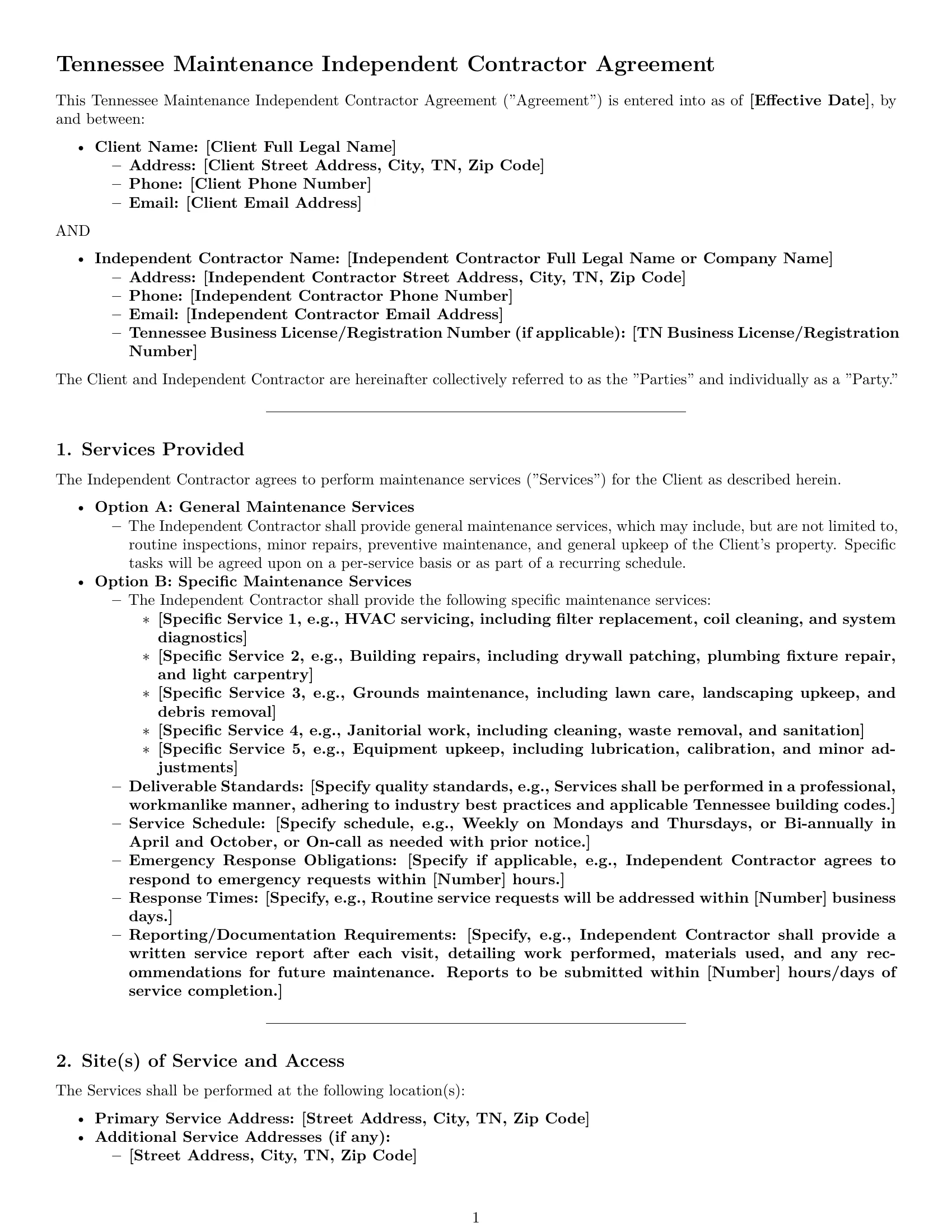 Preview page 1 of Pro Tennessee maintenance independent contractor agreement template
