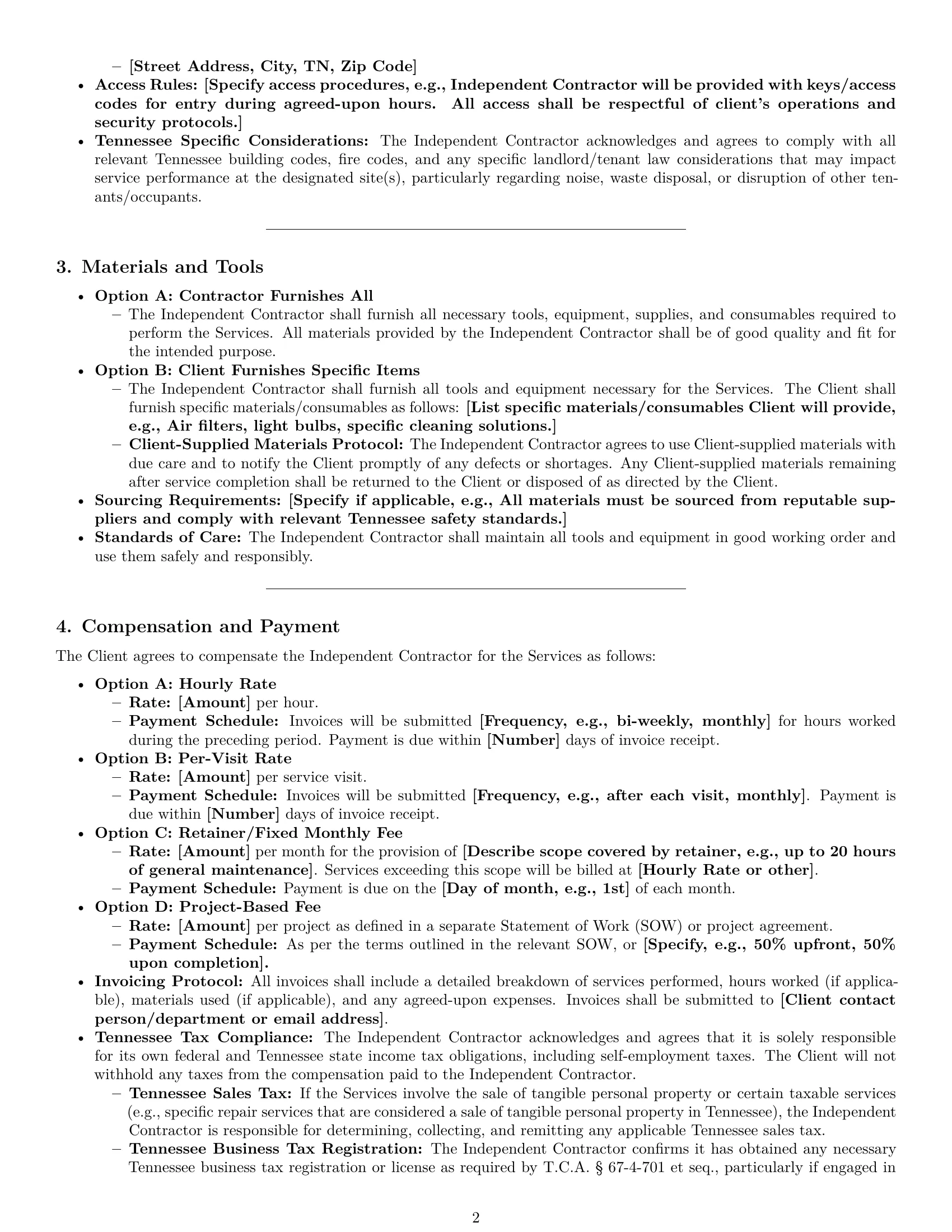 Preview page 2 of Pro Tennessee maintenance independent contractor agreement template