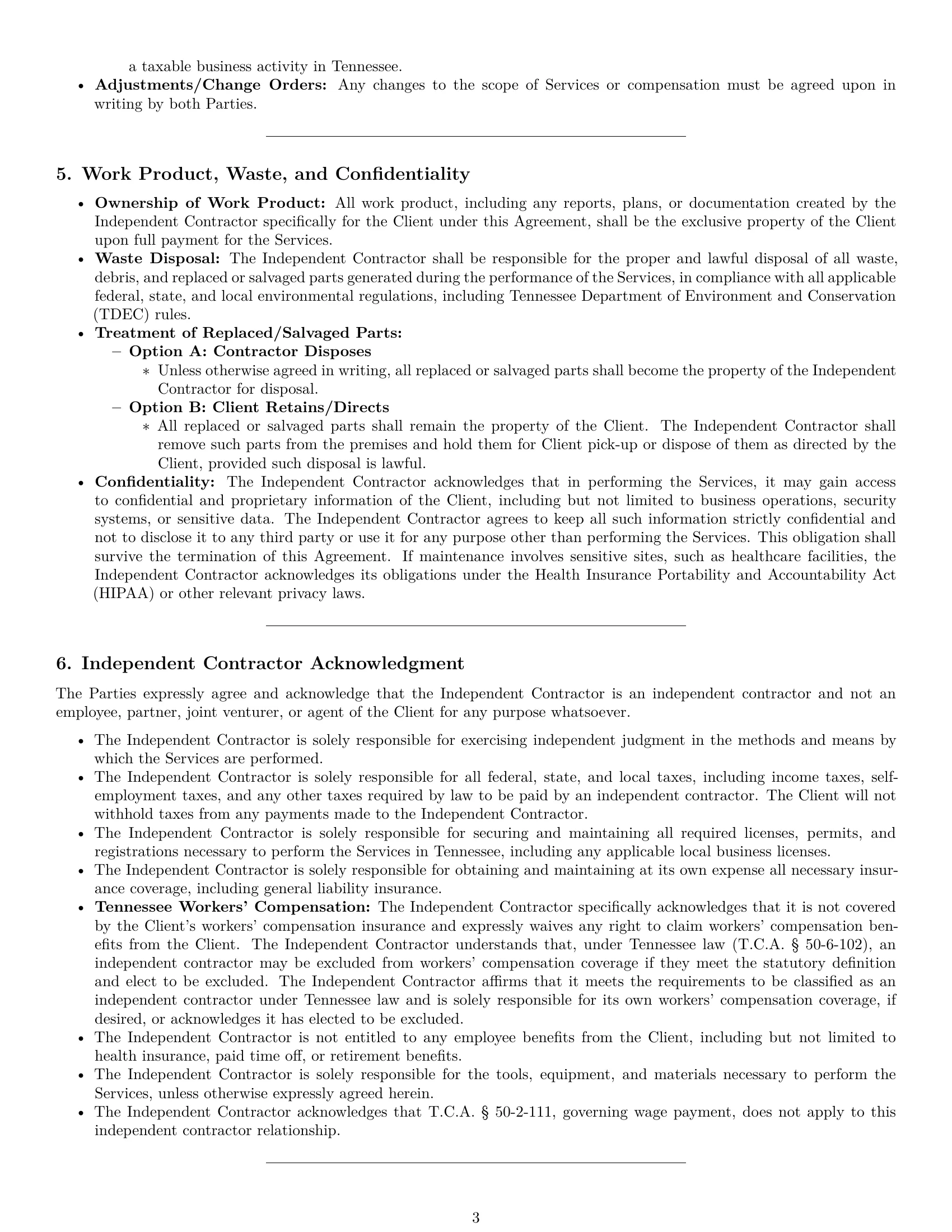 Preview page 3 of Pro Tennessee maintenance independent contractor agreement template