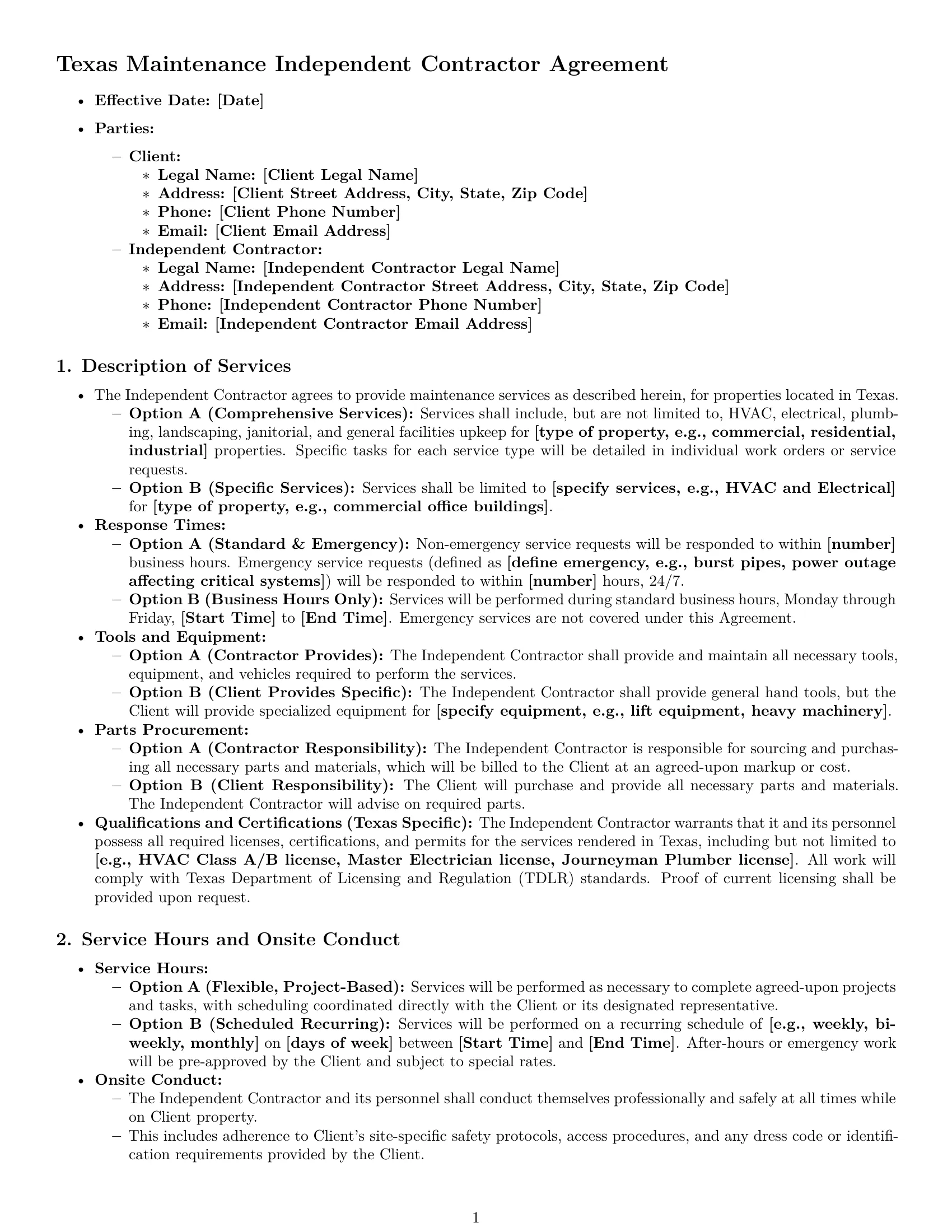 Preview page 1 of Pro Texas maintenance independent contractor agreement template