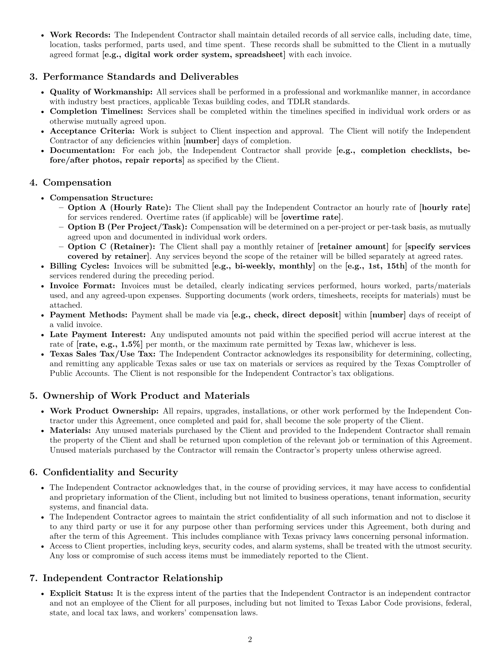 Preview page 2 of Pro Texas maintenance independent contractor agreement template