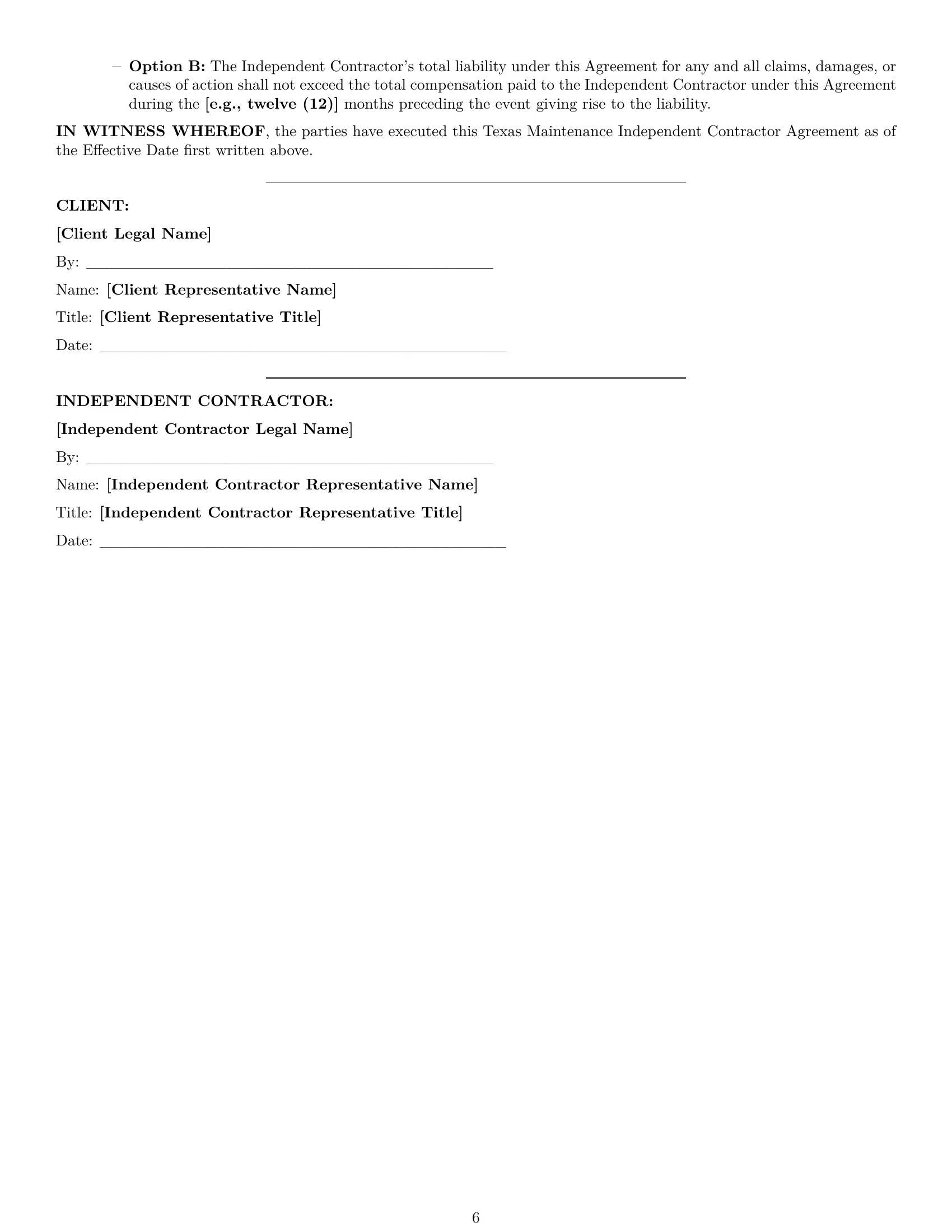 Preview page 6 of Pro Texas maintenance independent contractor agreement template