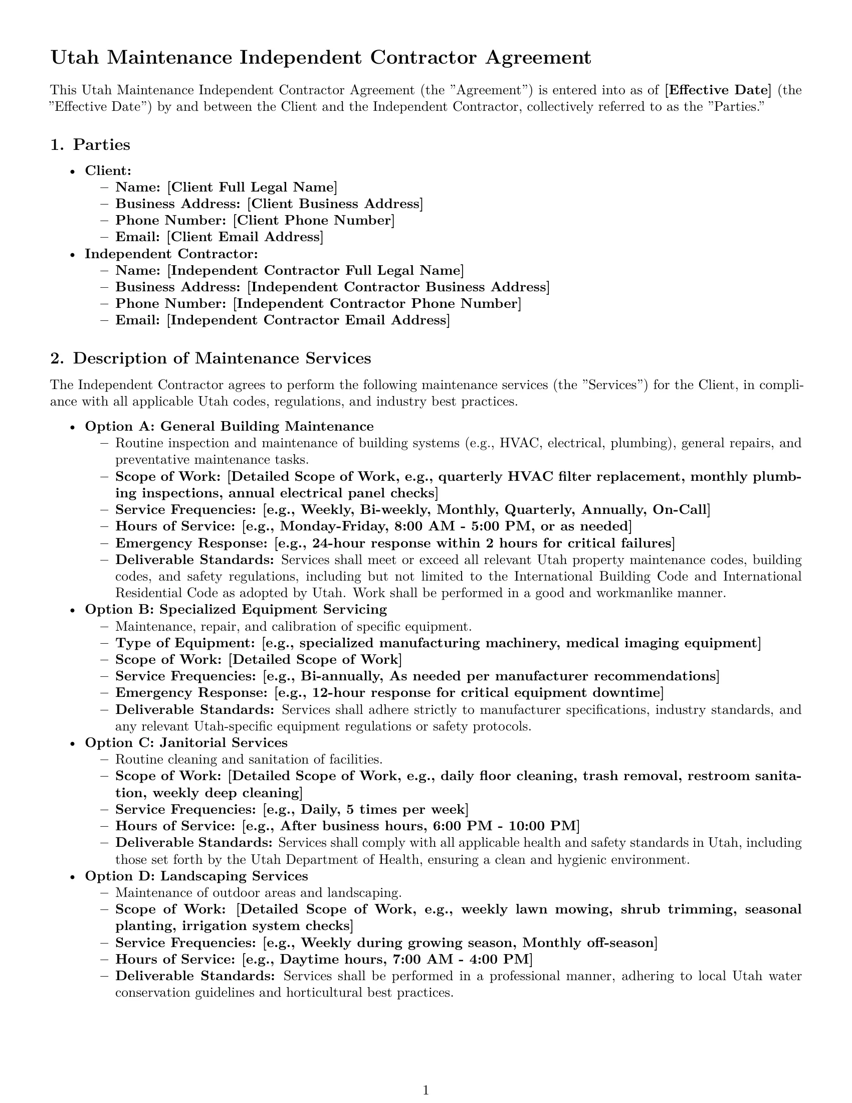 Preview page 1 of Pro Utah maintenance independent contractor agreement template