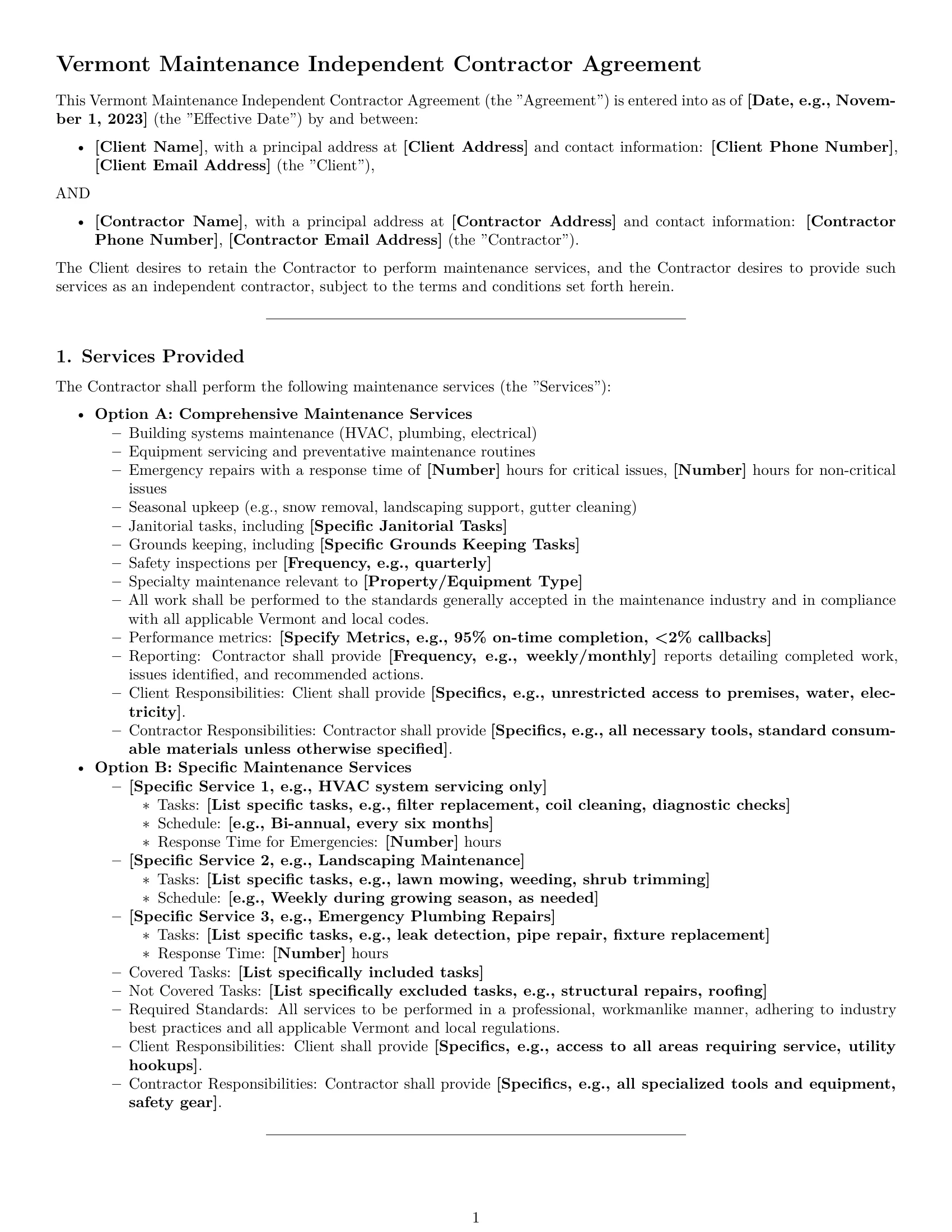 Preview page 1 of Pro Vermont maintenance independent contractor agreement template