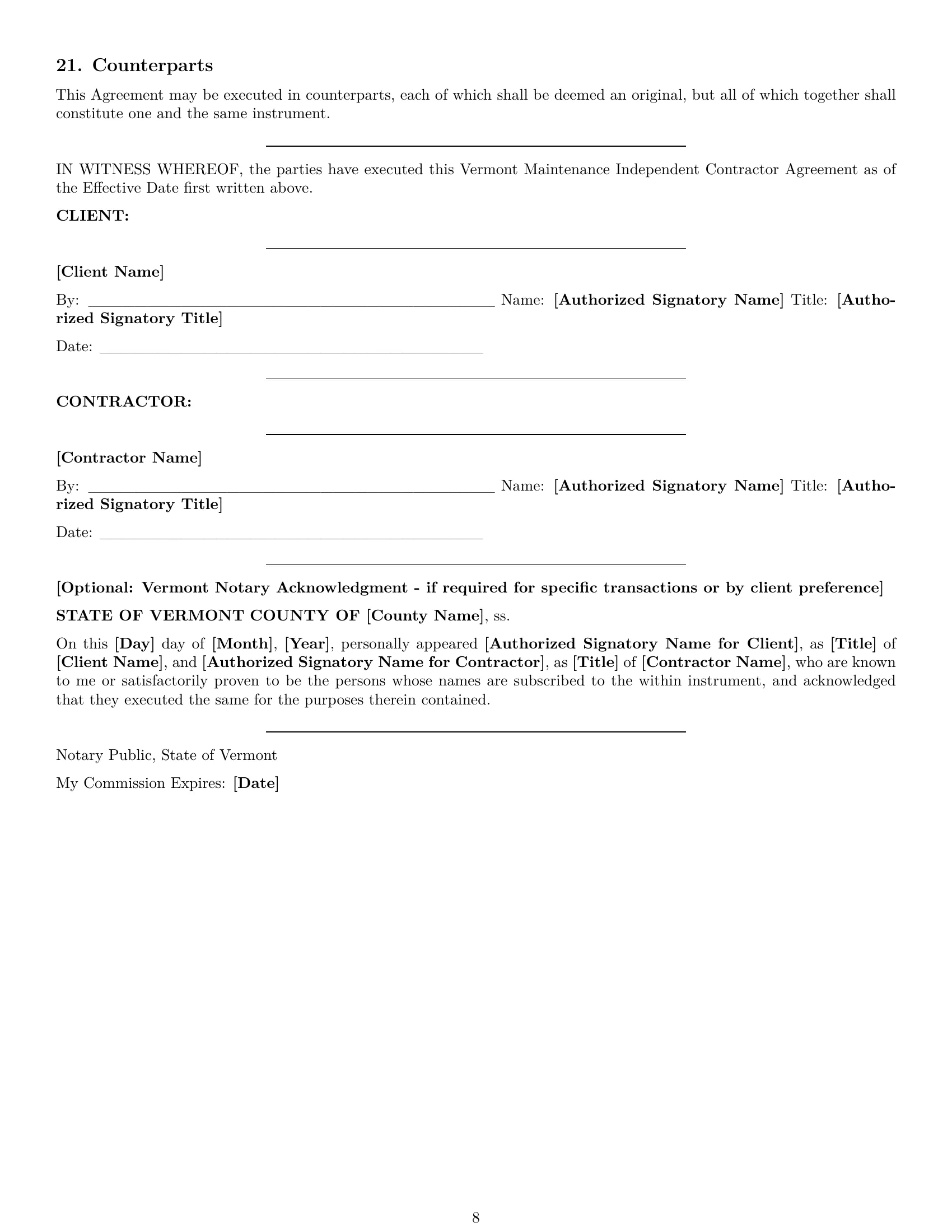 Preview page 8 of Pro Vermont maintenance independent contractor agreement template
