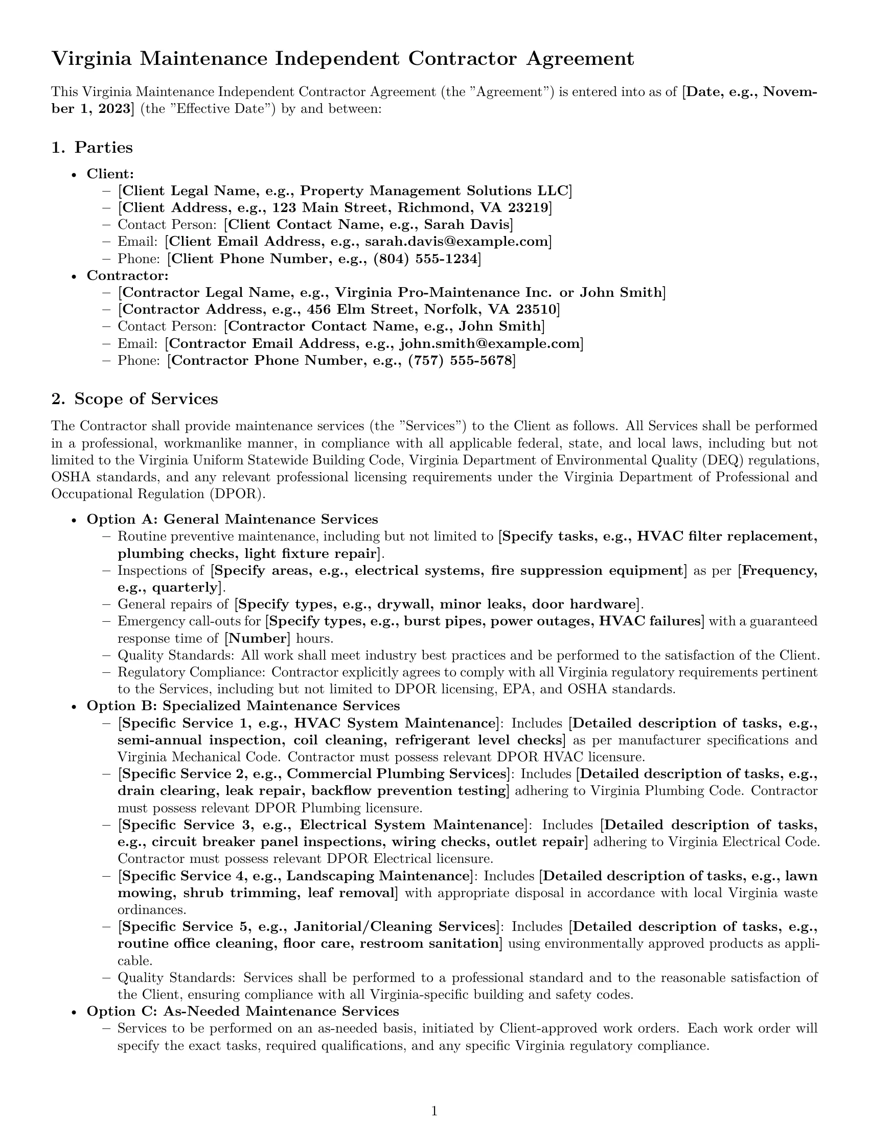 Preview page 1 of Pro Virginia maintenance independent contractor agreement template
