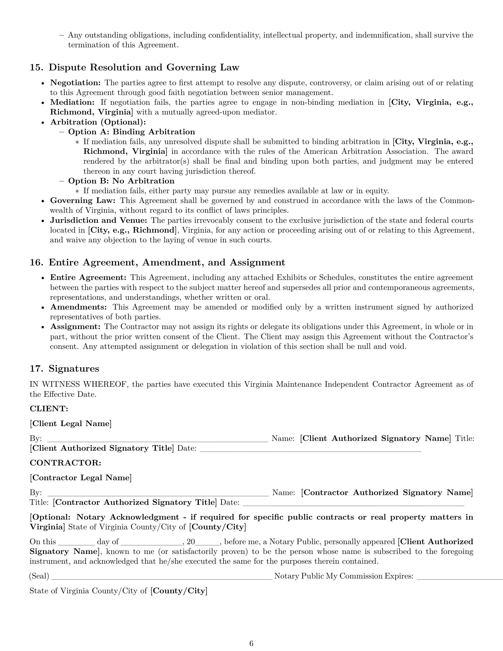 Preview page 6 of Pro Virginia maintenance independent contractor agreement template
