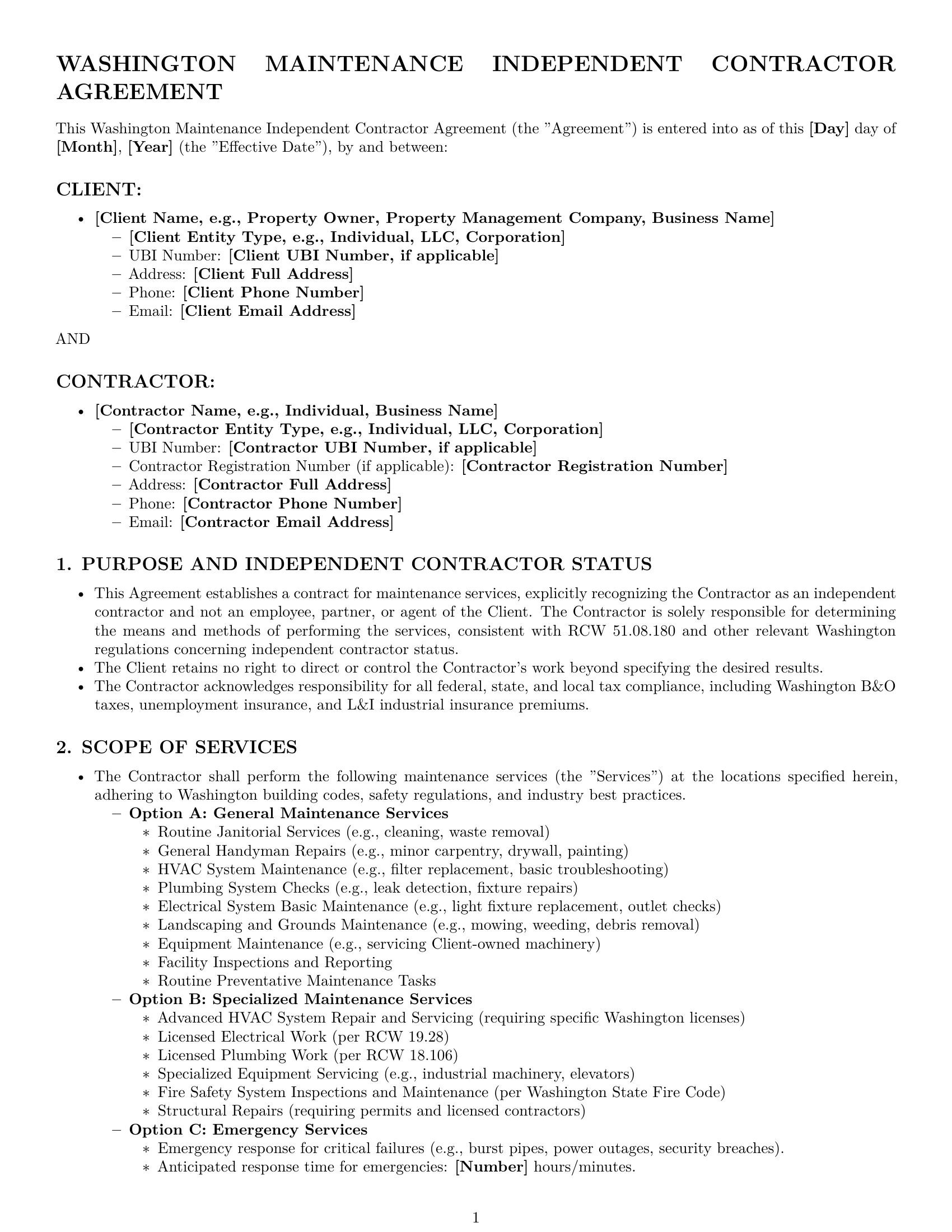 Preview page 1 of Pro Washington maintenance independent contractor agreement template