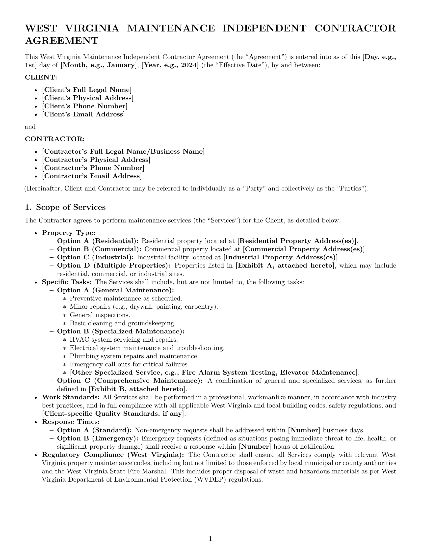 Preview page 1 of Pro West Virginia maintenance independent contractor agreement template