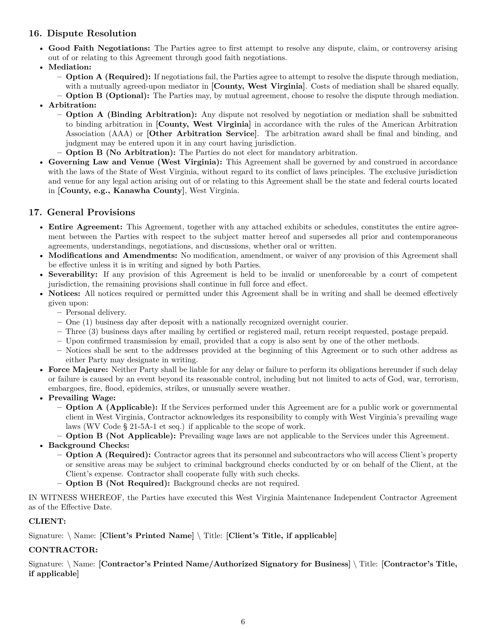 Preview page 6 of Pro West Virginia maintenance independent contractor agreement template