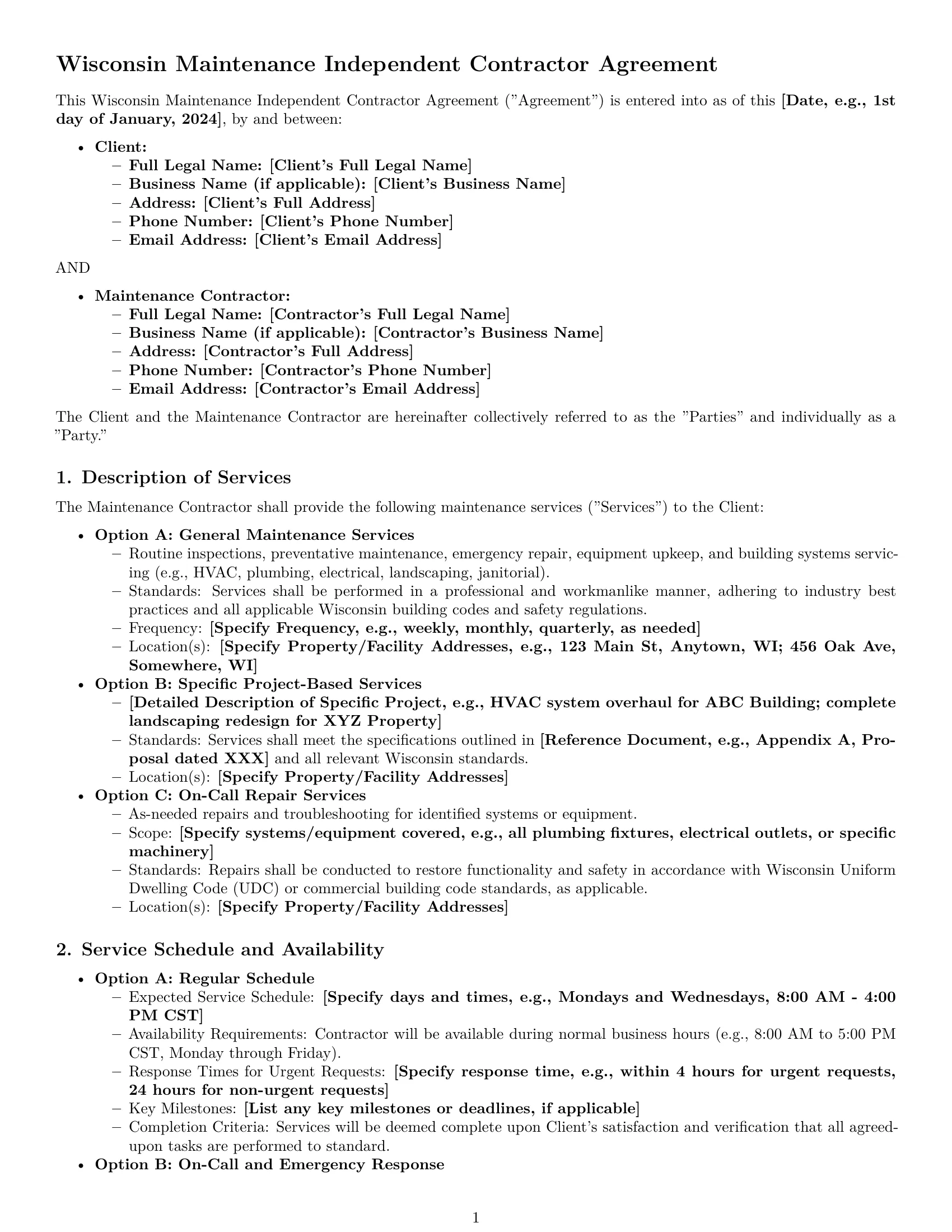 Preview page 1 of Pro Wisconsin maintenance independent contractor agreement template
