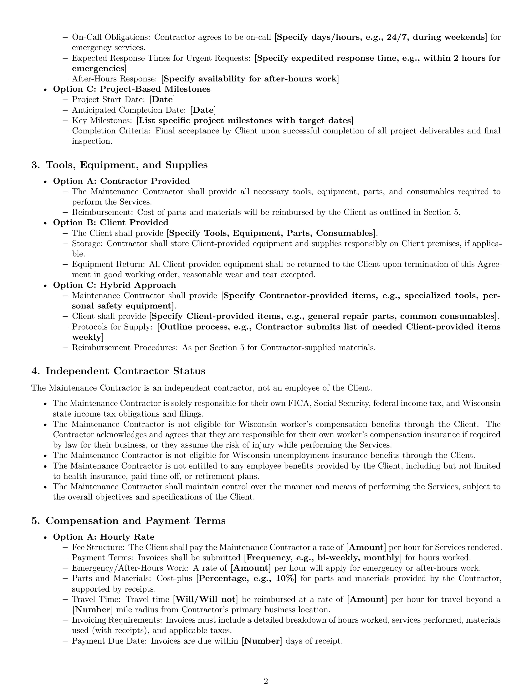 Preview page 2 of Pro Wisconsin maintenance independent contractor agreement template