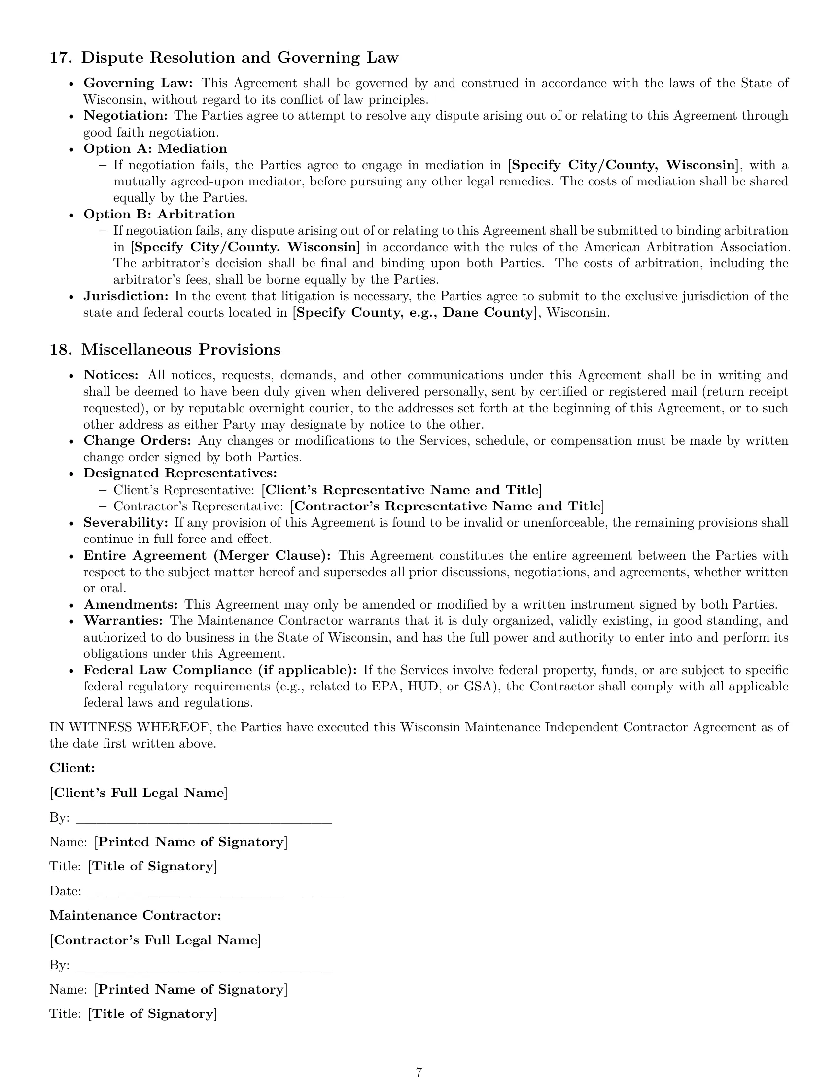 Preview page 7 of Pro Wisconsin maintenance independent contractor agreement template