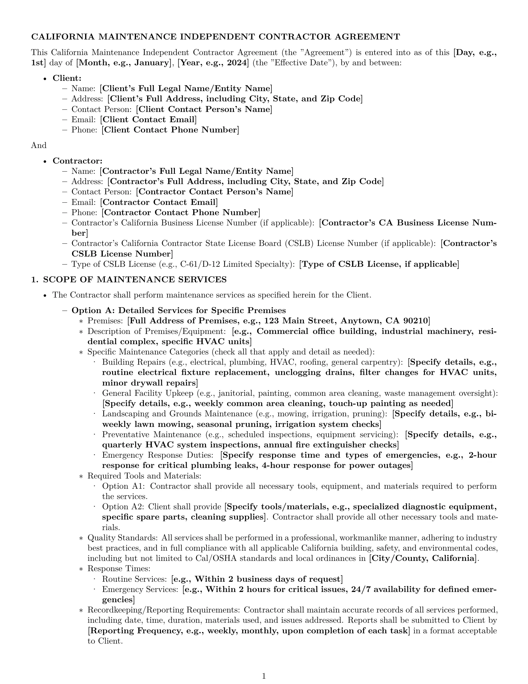 Preview page 1 of Pro California maintenance independent contractor agreement template