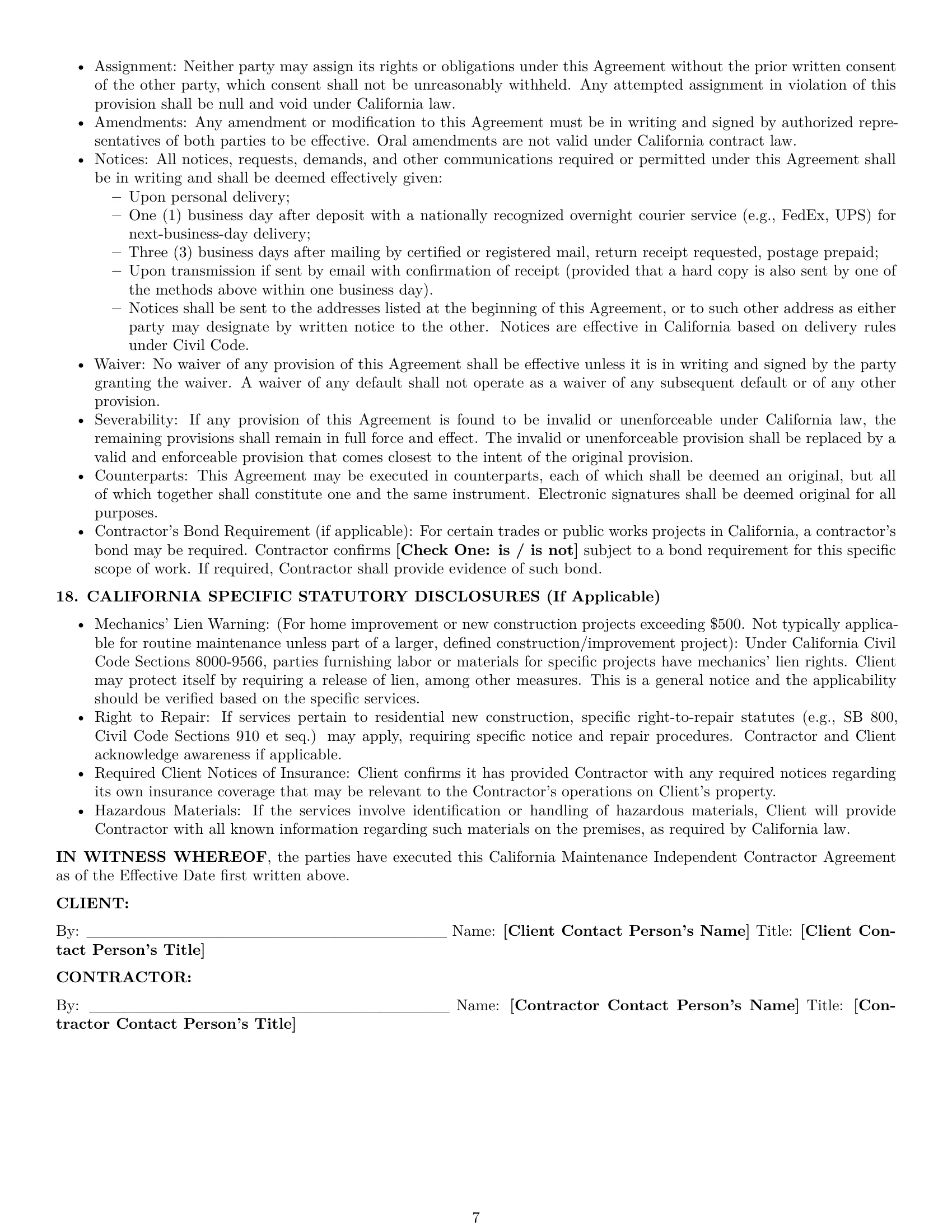 Preview page 7 of Pro California maintenance independent contractor agreement template