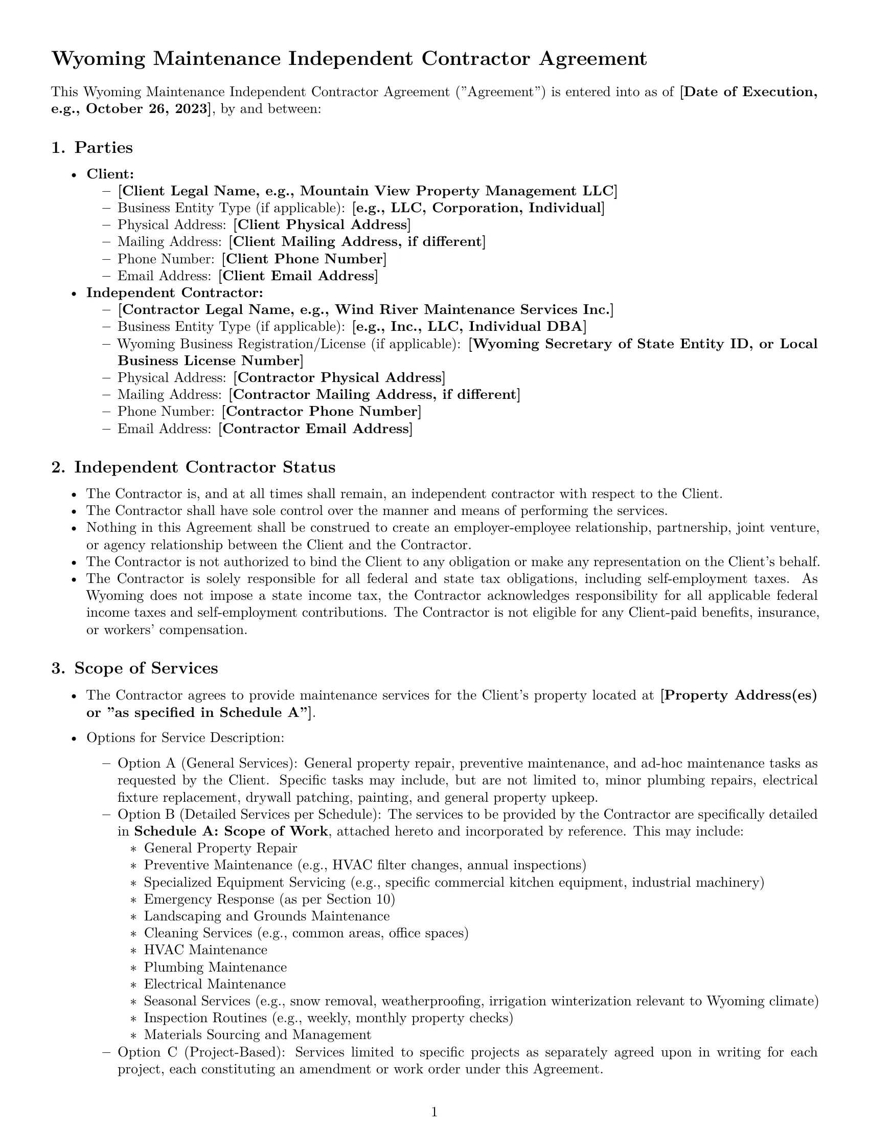 Preview page 1 of Pro Wyoming maintenance independent contractor agreement template
