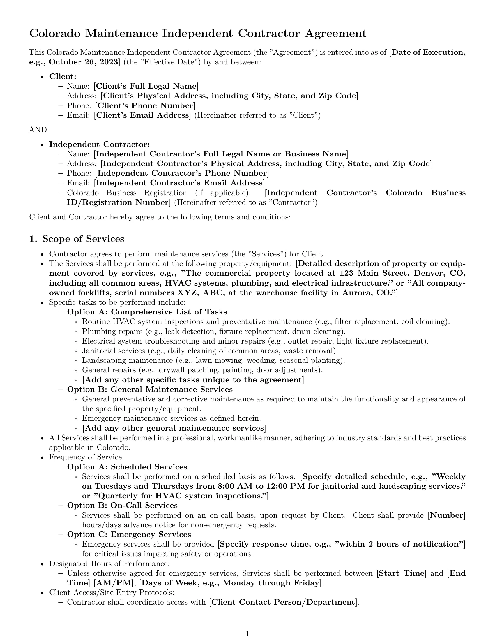 Preview page 1 of Pro Colorado maintenance independent contractor agreement template