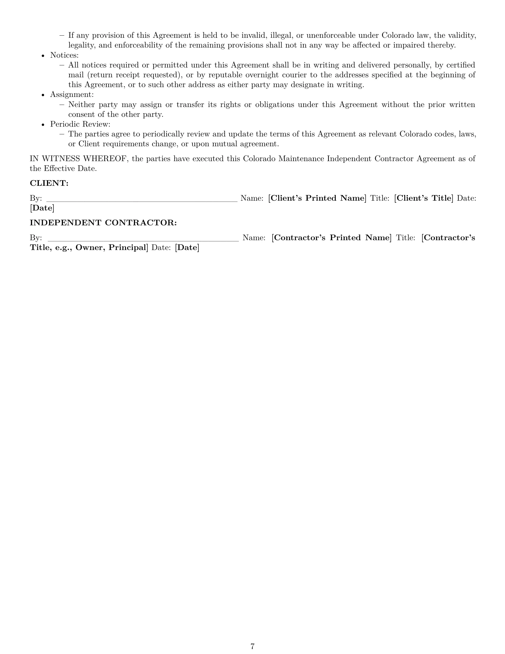 Preview page 7 of Pro Colorado maintenance independent contractor agreement template