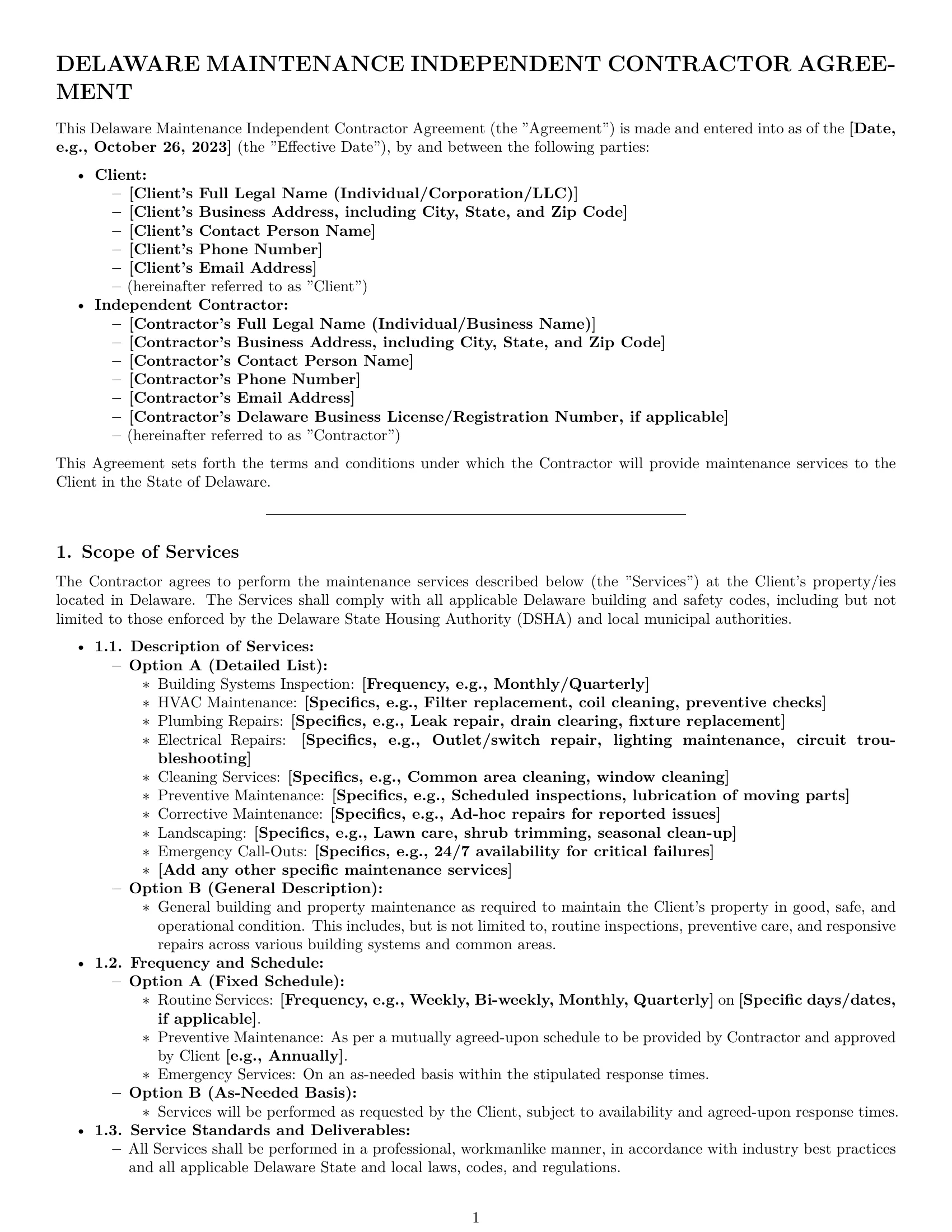 Preview page 1 of Pro Delaware maintenance independent contractor agreement template