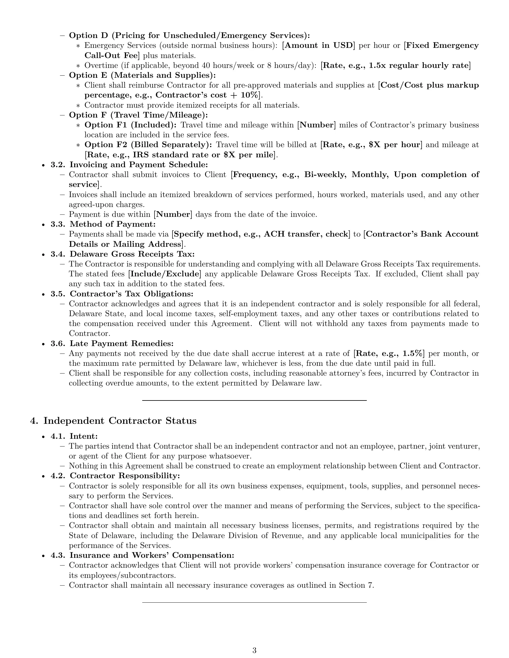 Preview page 3 of Pro Delaware maintenance independent contractor agreement template