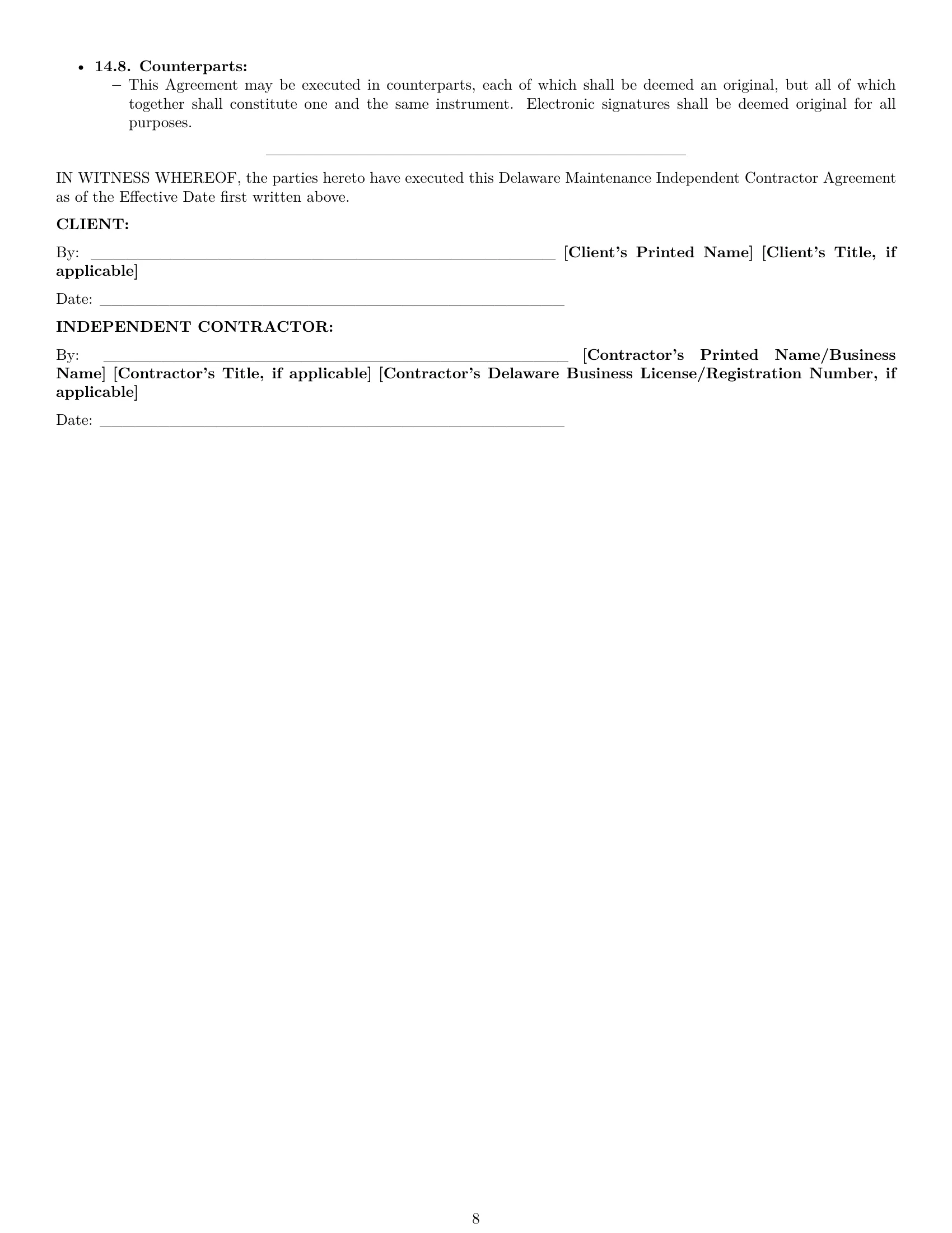 Preview page 8 of Pro Delaware maintenance independent contractor agreement template