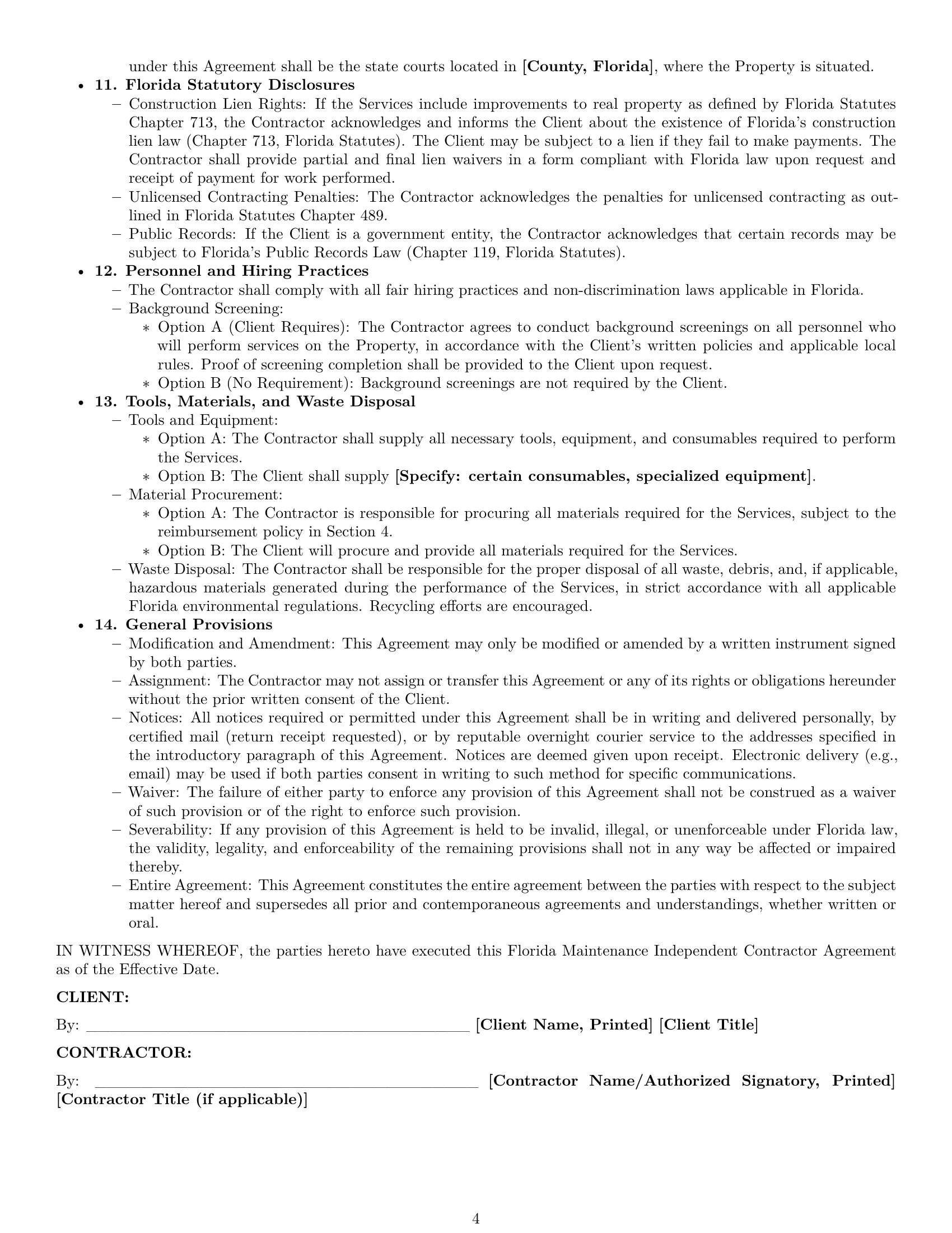 Preview page 4 of Pro Florida maintenance independent contractor agreement template