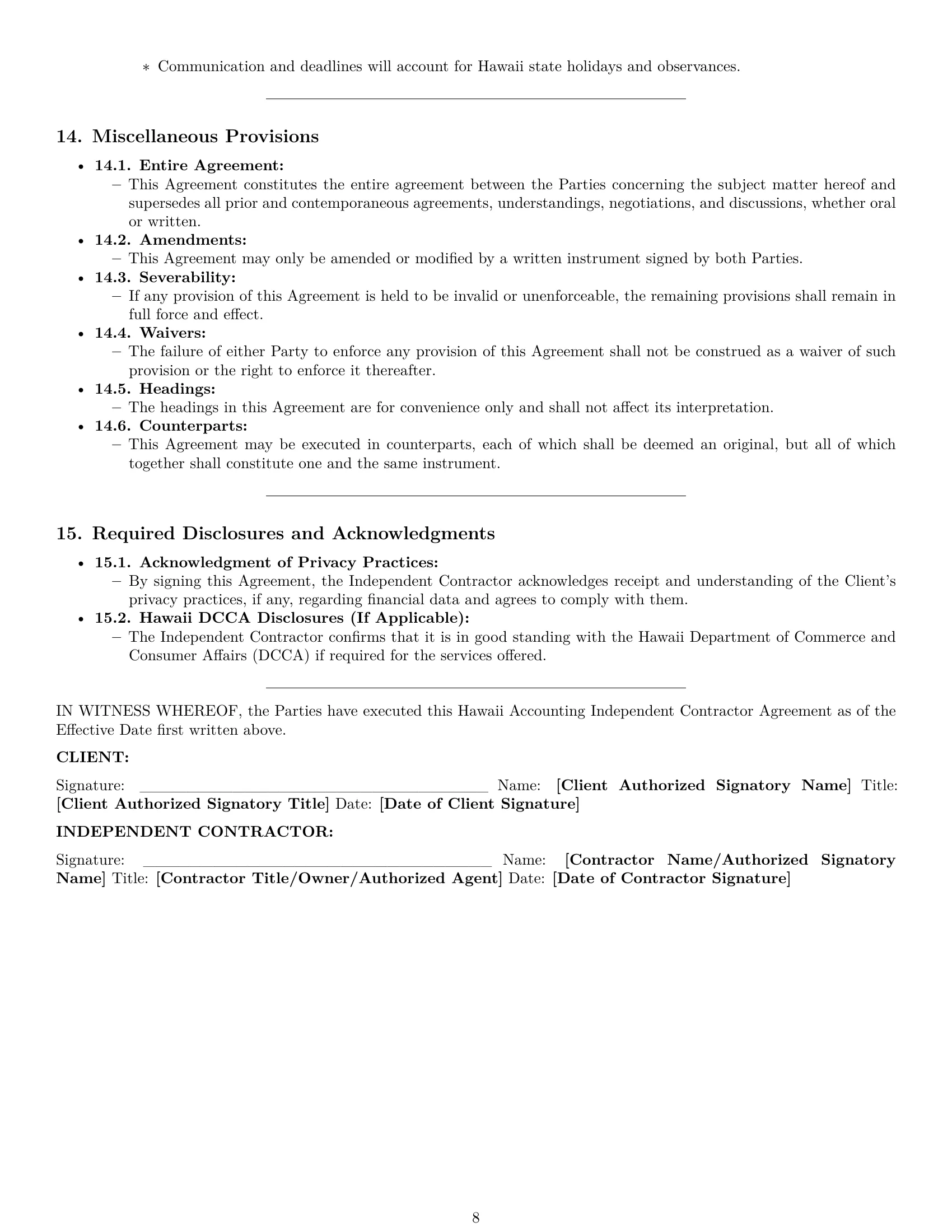 Preview page 8 of Pro Hawaii accounting independent contractor agreement template