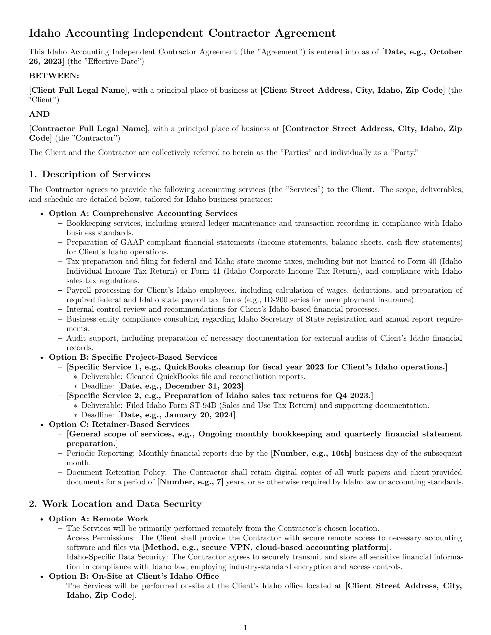 Preview page 1 of Pro Idaho accounting independent contractor agreement template